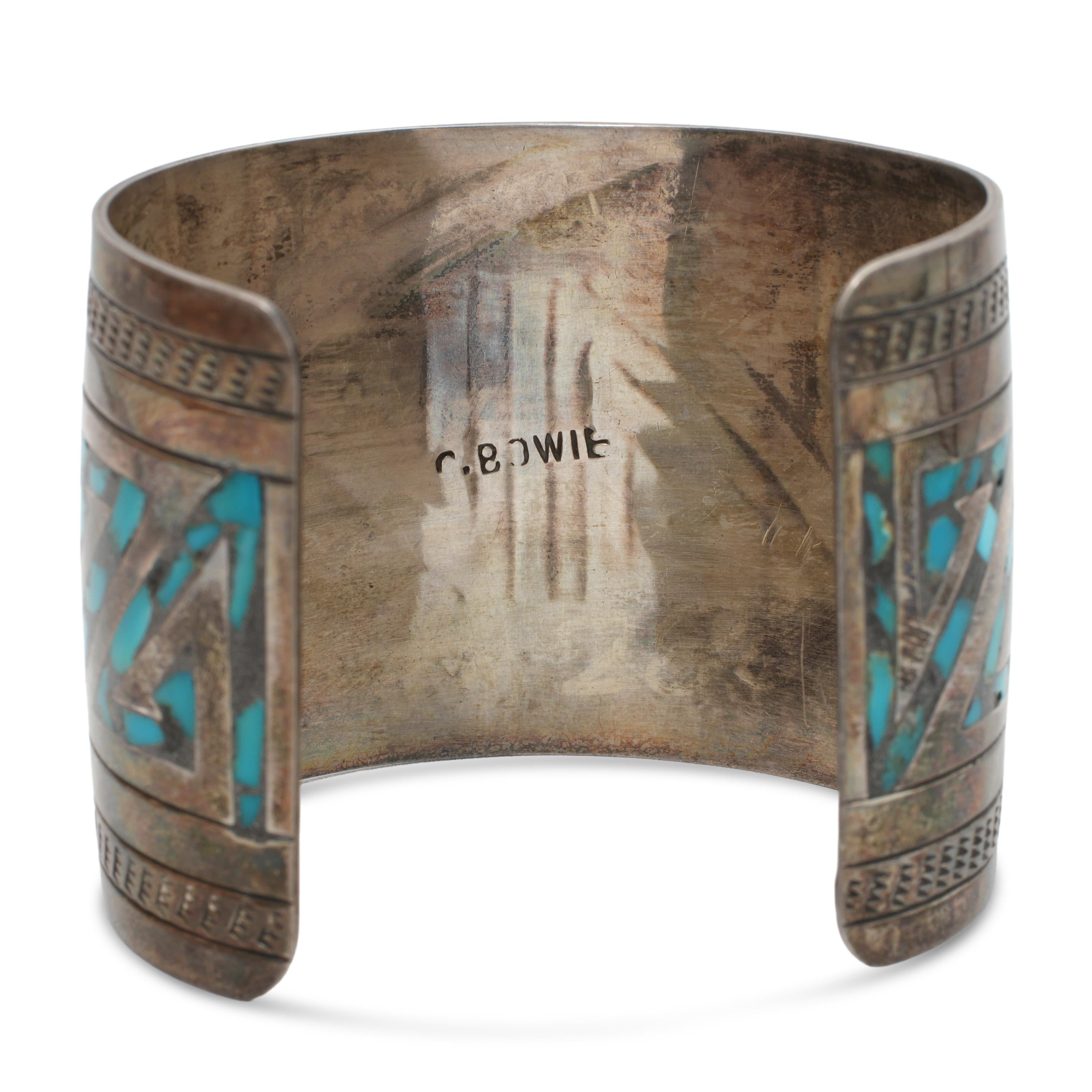 Vintage Navajo Charlie Bowie Sterling Silver Turquoise Cuff