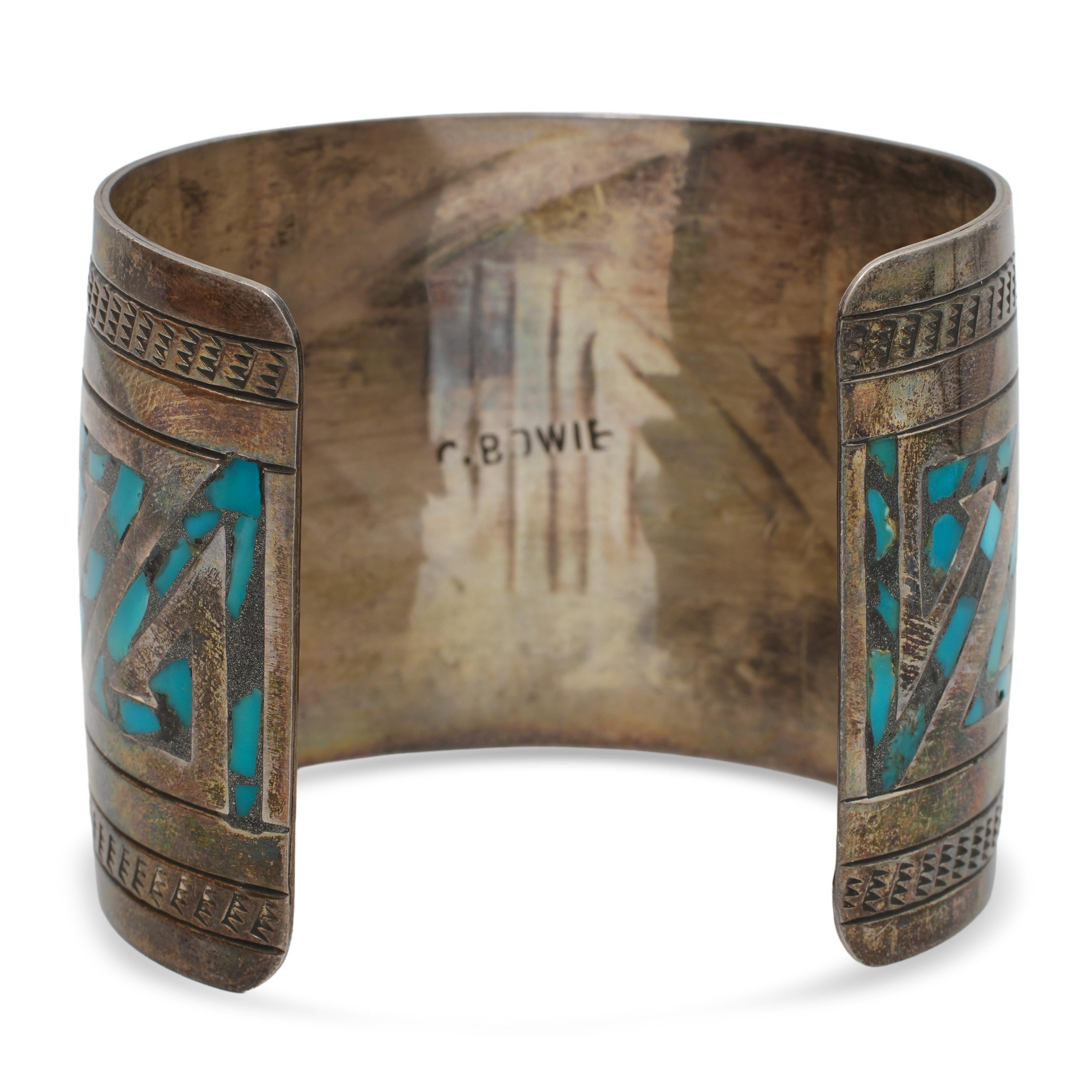 Vintage Navajo Charlie Bowie Sterling Silver Turquoise Cuff
