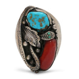 Vintage Navajo Sterling Silver Turquoise Coral Statement Ring
