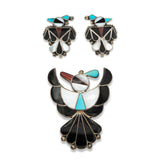 Vintage Leagus Zuni Sterling Silver Turqoise Black Onyx Brooch and Earrings