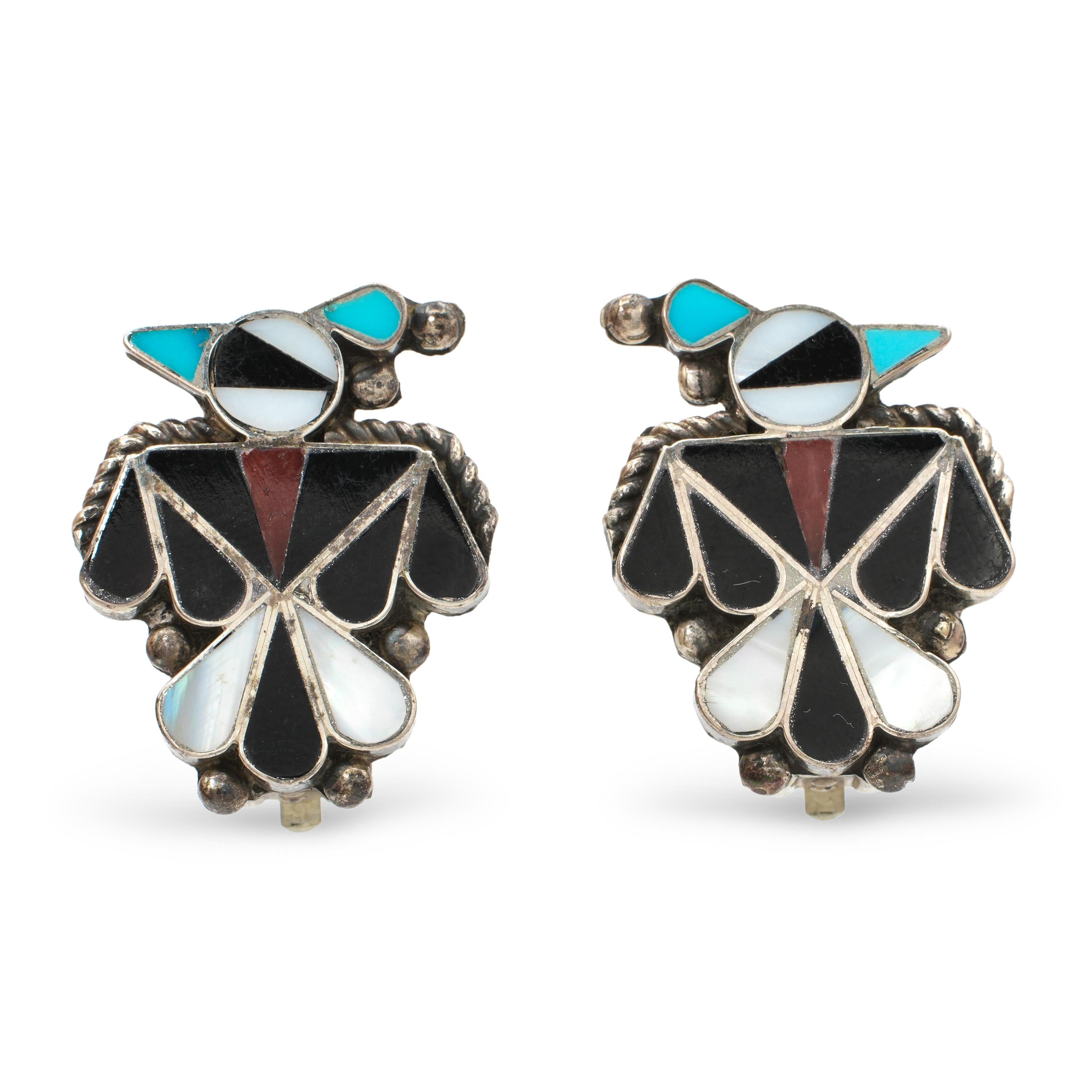 Vintage Leagus Zuni Sterling Silver Turqoise Black Onyx Brooch and Earrings