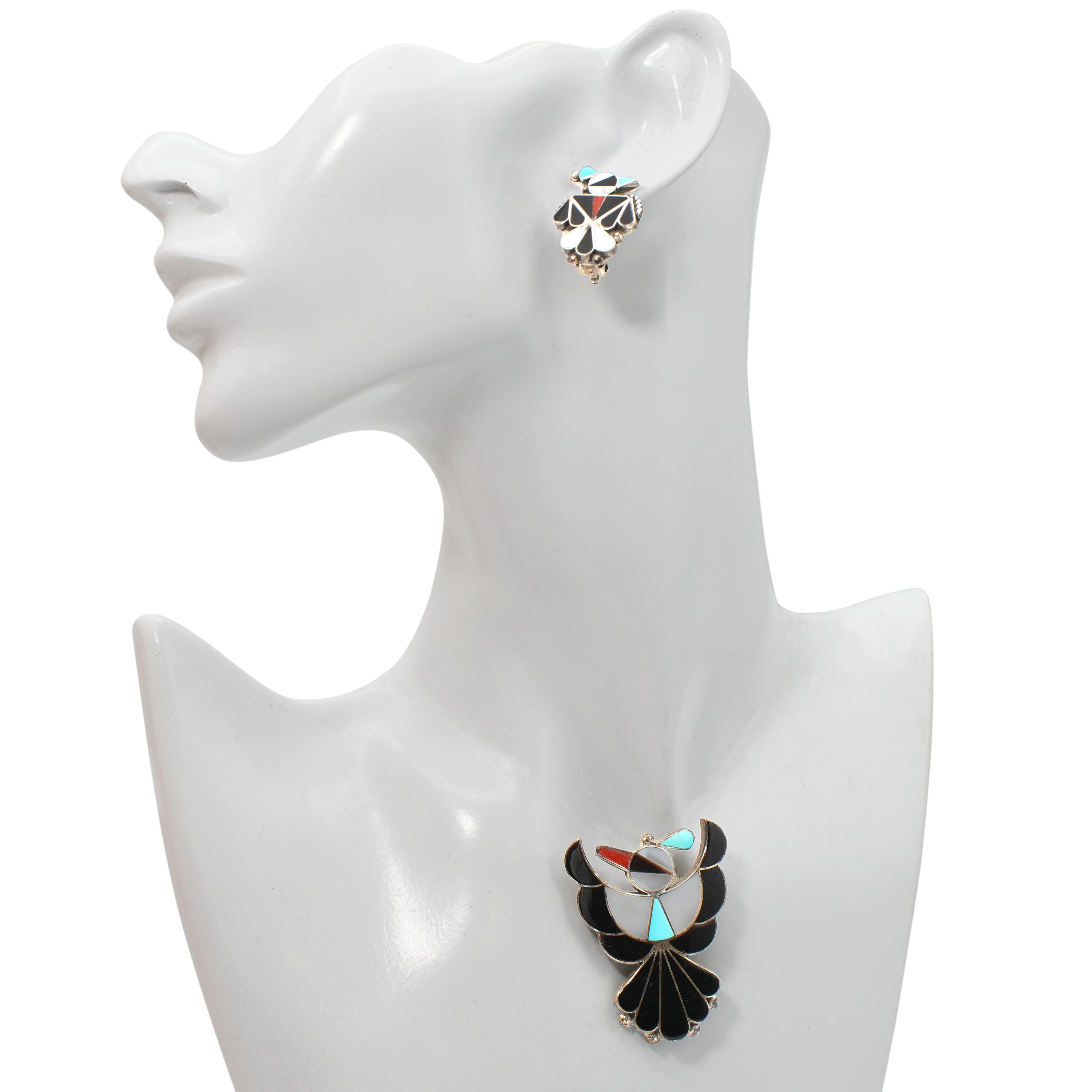 Vintage Leagus Zuni Sterling Silver Turqoise Black Onyx Brooch and Earrings