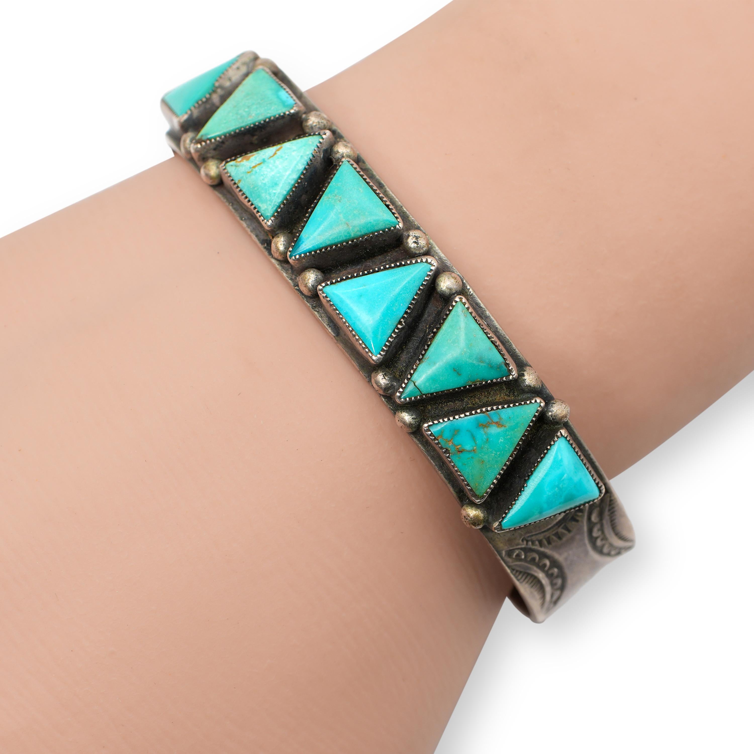 Vintage Southwestern Sterling Silver Turquoise Geometric Cuff