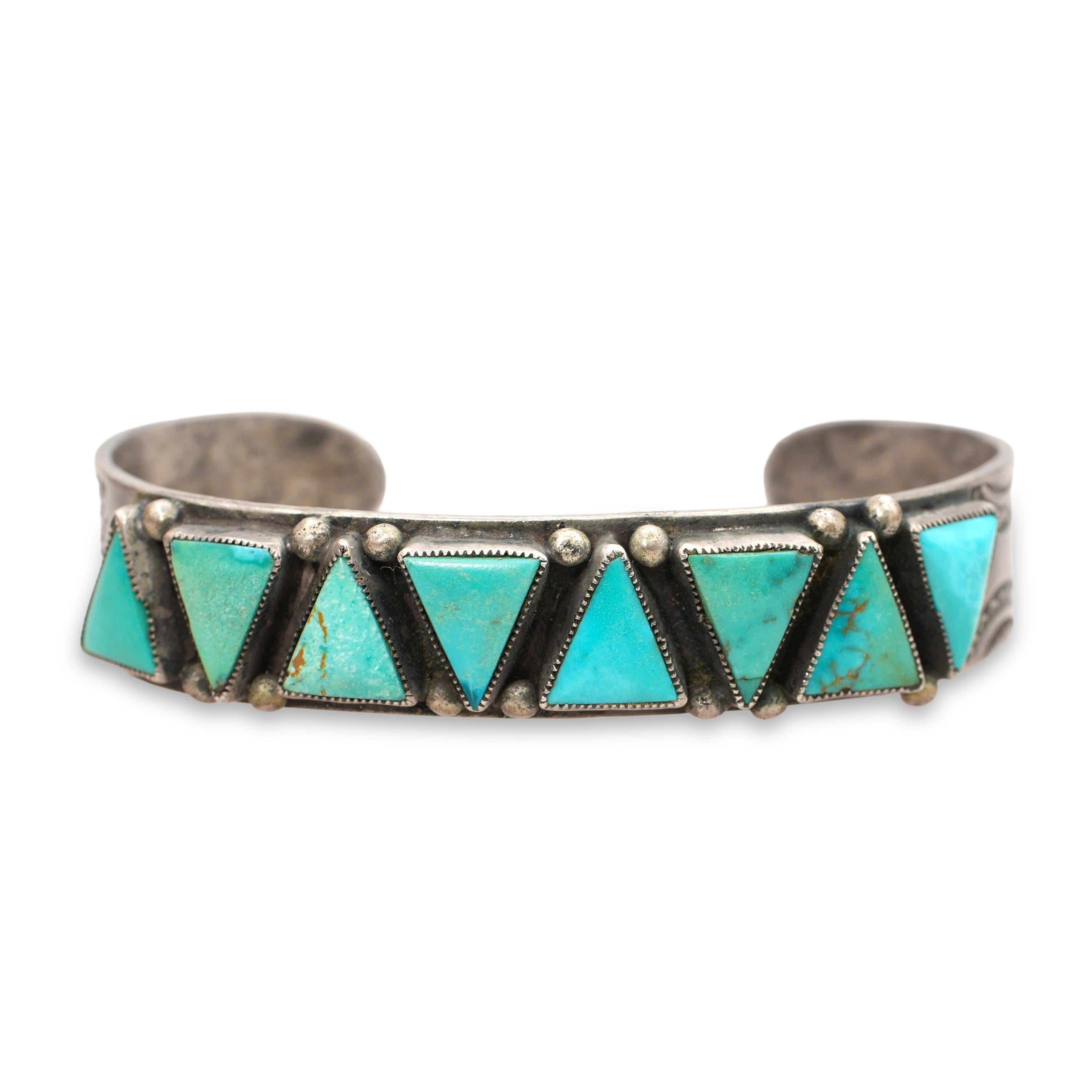 Vintage Southwestern Sterling Silver Turquoise Geometric Cuff