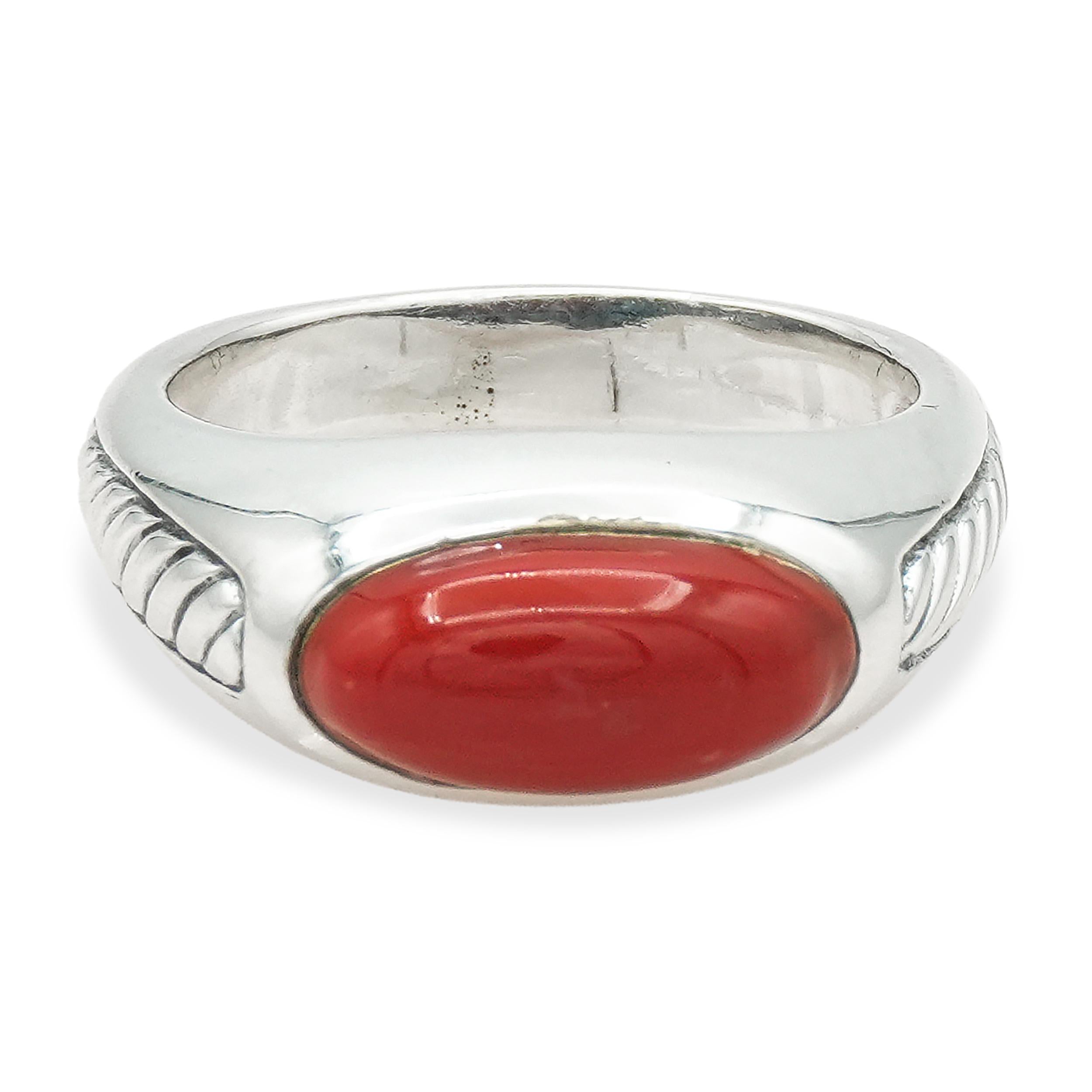 David Yurman Sterling Silver Red Coral Cabochon Cable Ring
