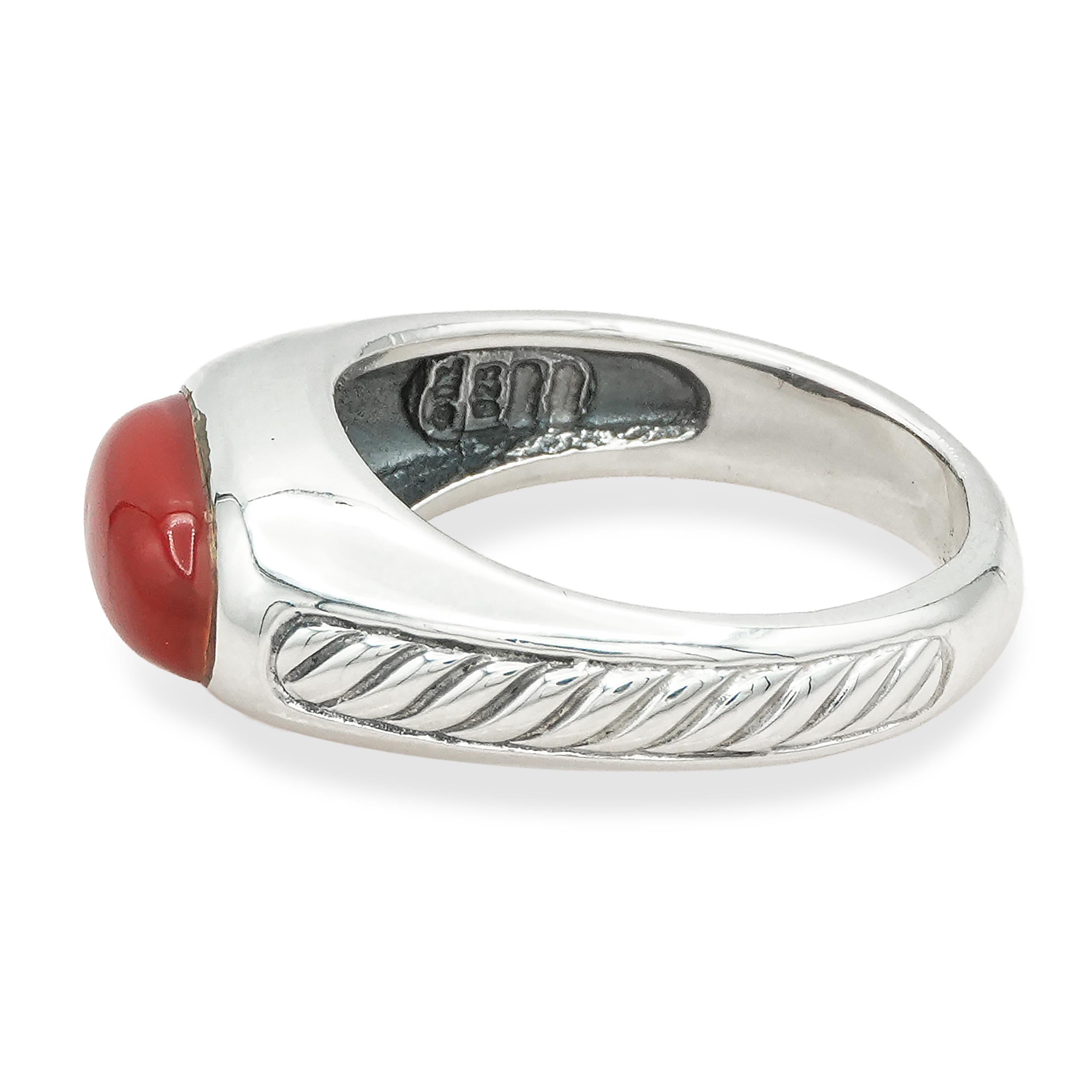 David Yurman Sterling Silver Red Coral Cabochon Cable Ring