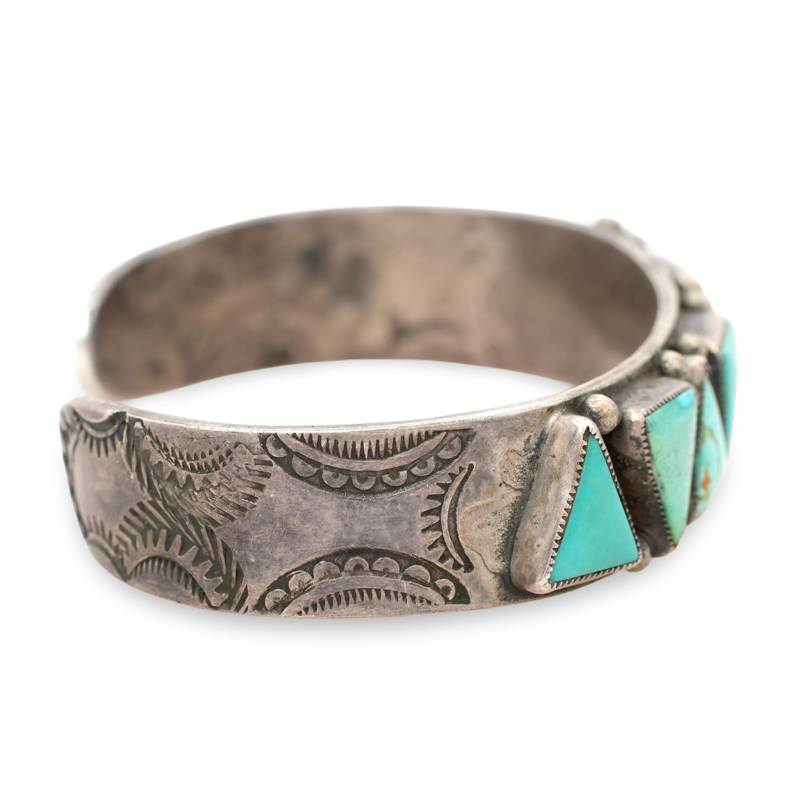 Vintage Southwestern Sterling Silver Turquoise Geometric Cuff