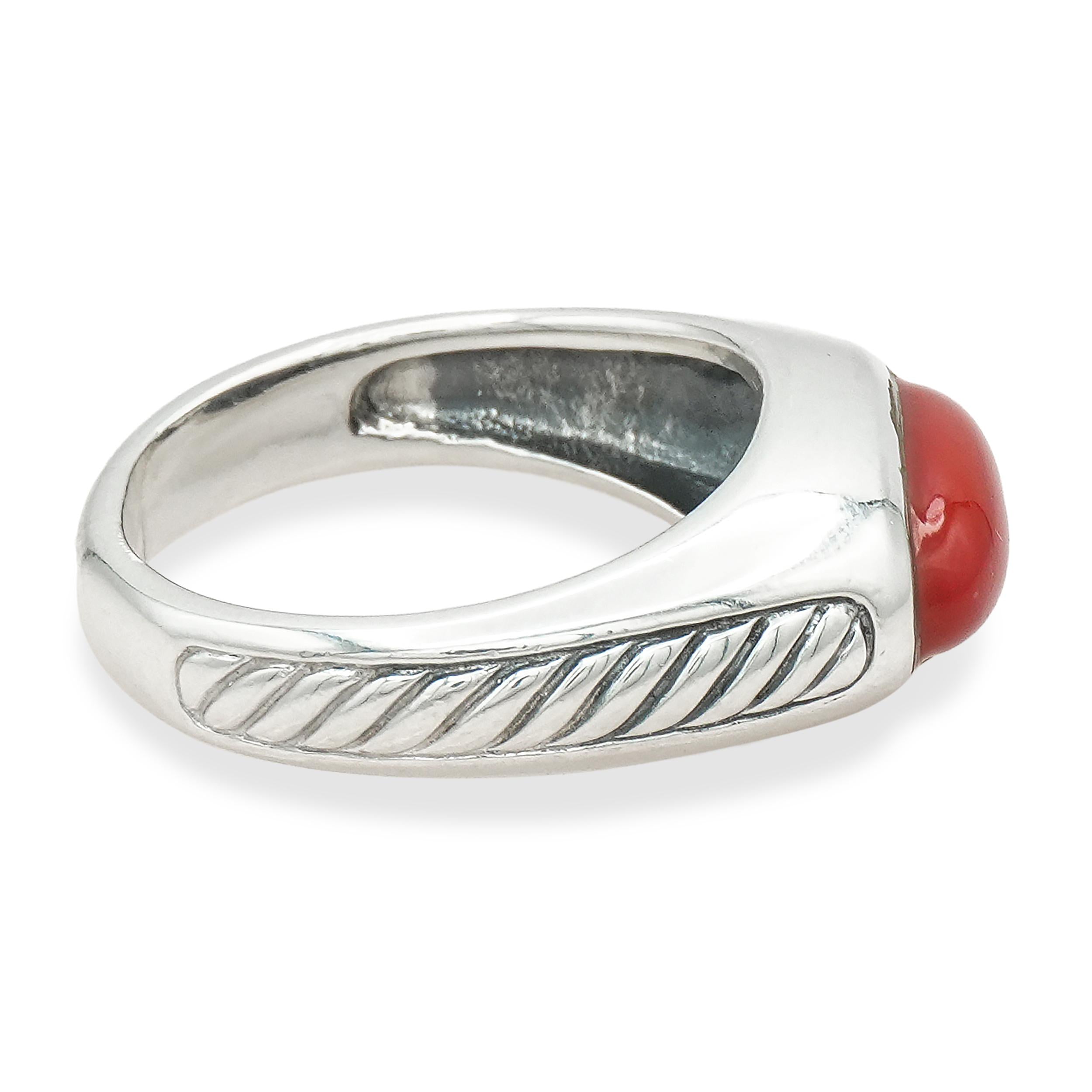 David Yurman Sterling Silver Red Coral Cabochon Cable Ring