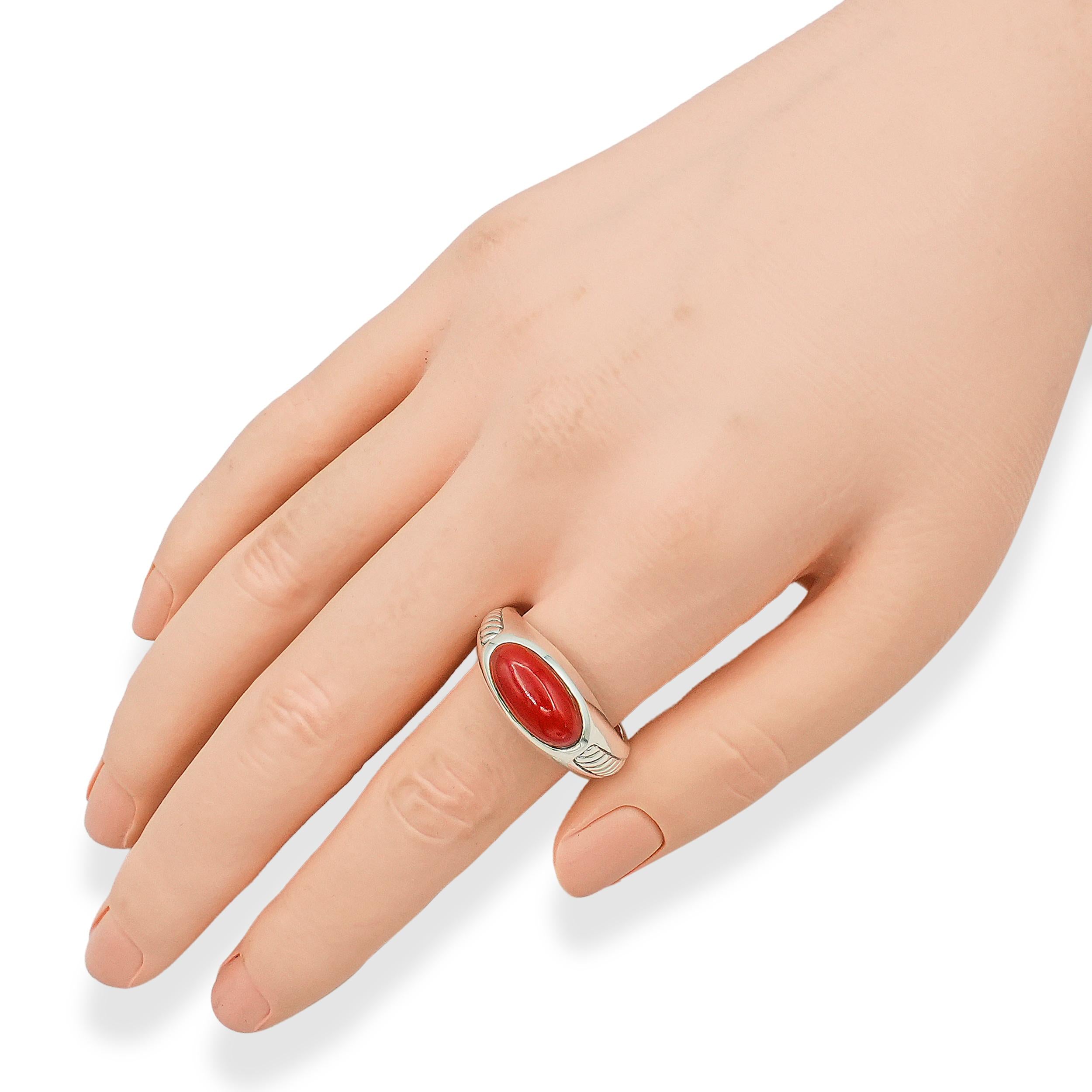 David Yurman Sterling Silver Red Coral Cabochon Cable Ring