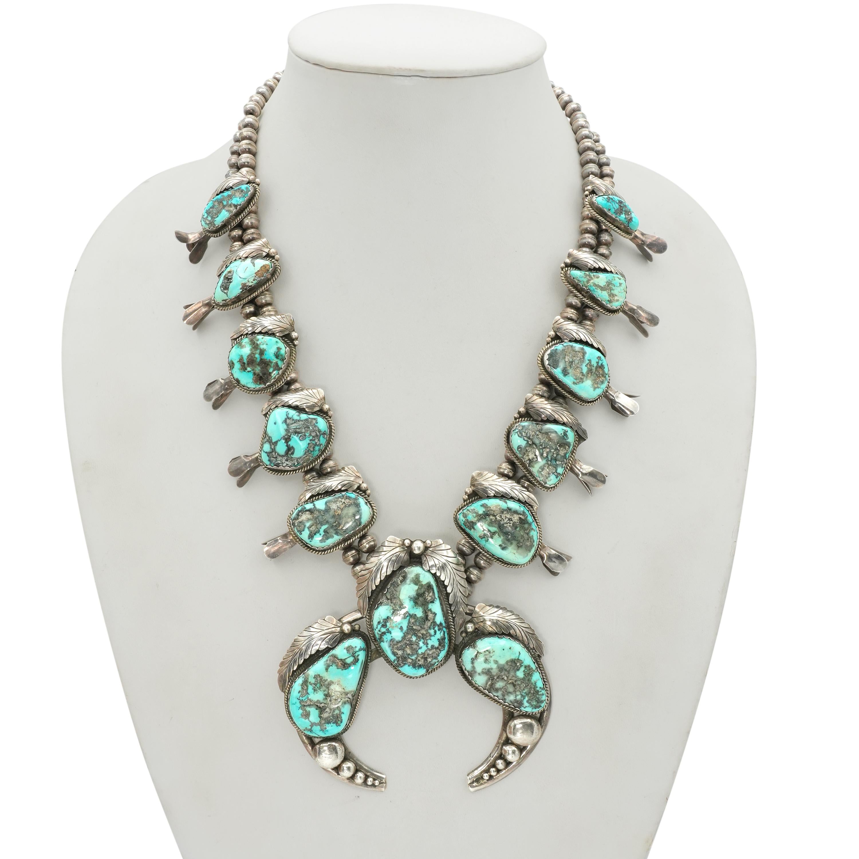 Southwestern Sterling Silver Turquoise Squash Blossom Necklace