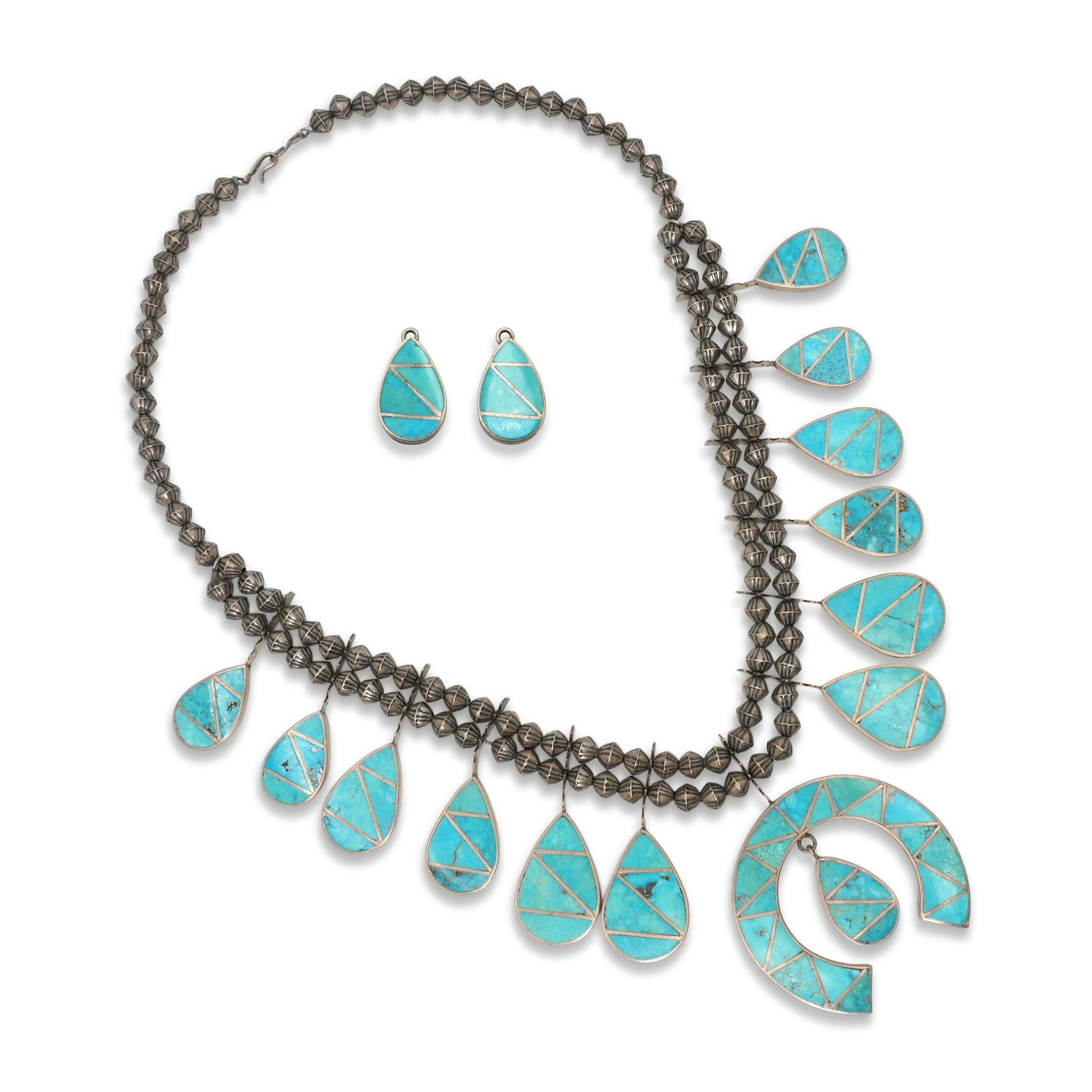 Navajo Sterling Silver Turquoise Squash Blossom Necklace With Earring Jackets
