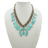 Navajo Sterling Silver Turquoise Squash Blossom Necklace With Earring Jackets
