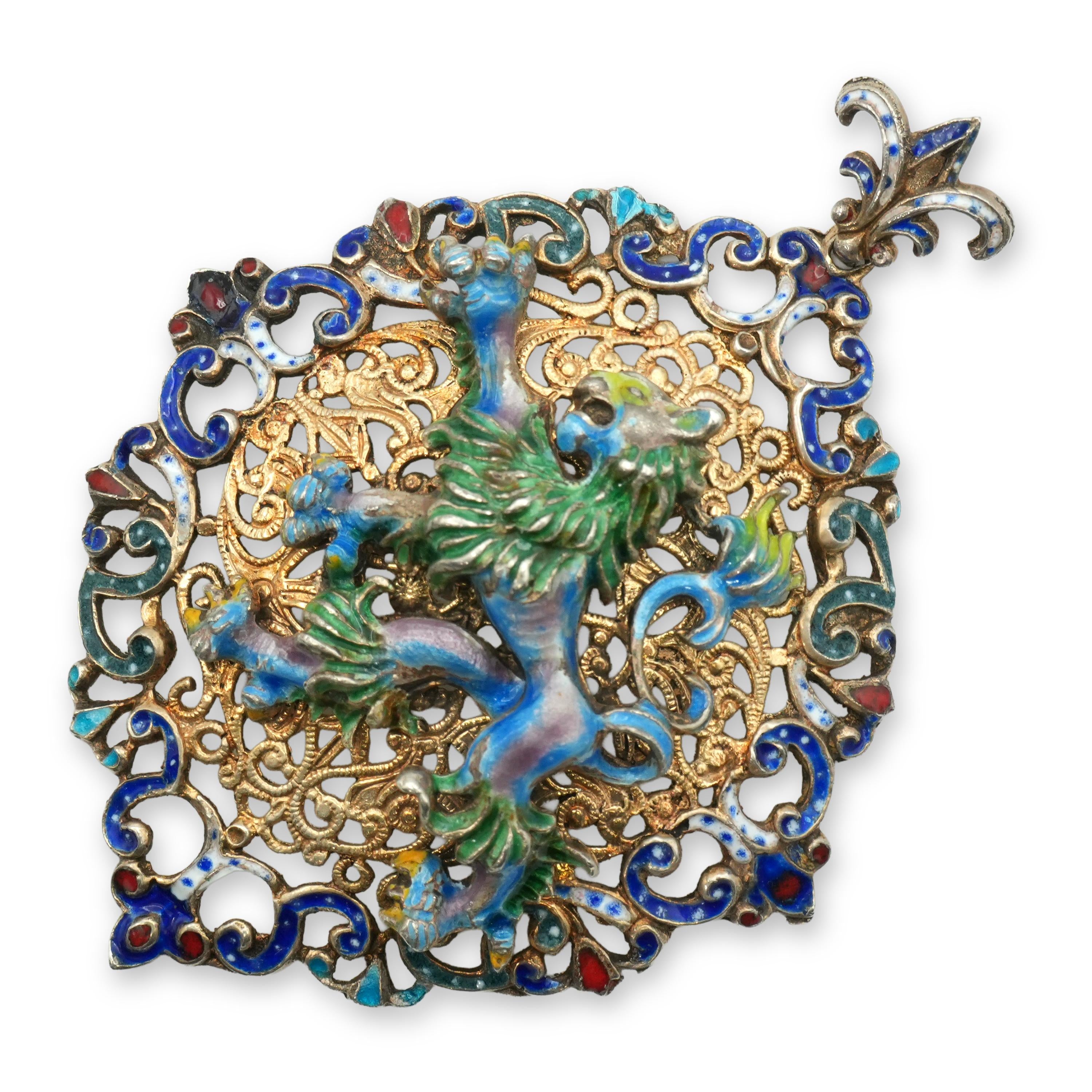Antique Austro Hungarian Vermeil Sterling Enamel Griffin Pendant