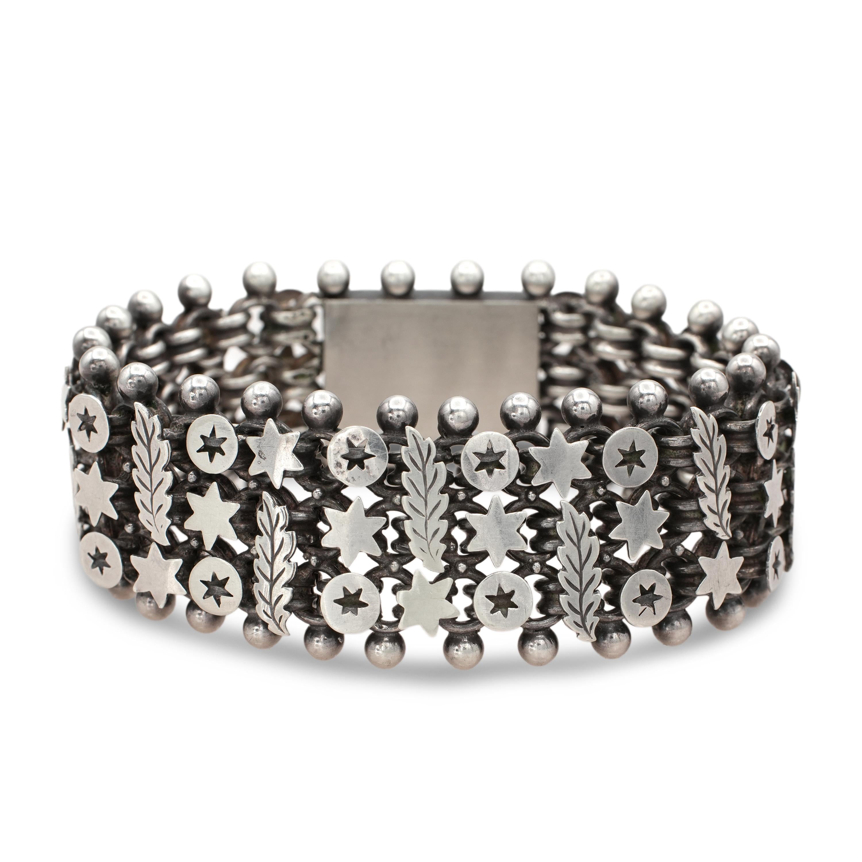 Antique Sterling Silver Star & Leaf Motif Link Bracelet