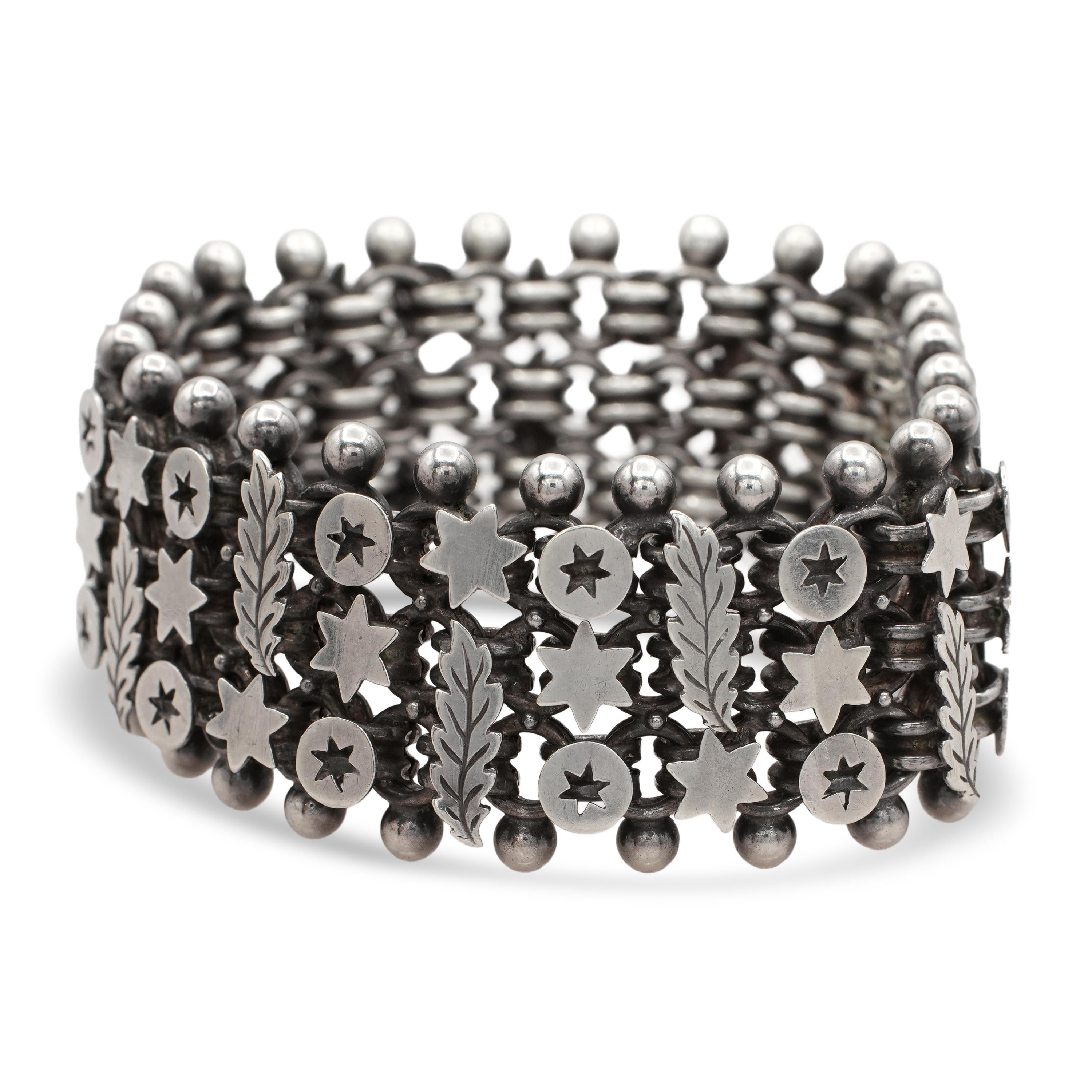 Antique Sterling Silver Star & Leaf Motif Link Bracelet