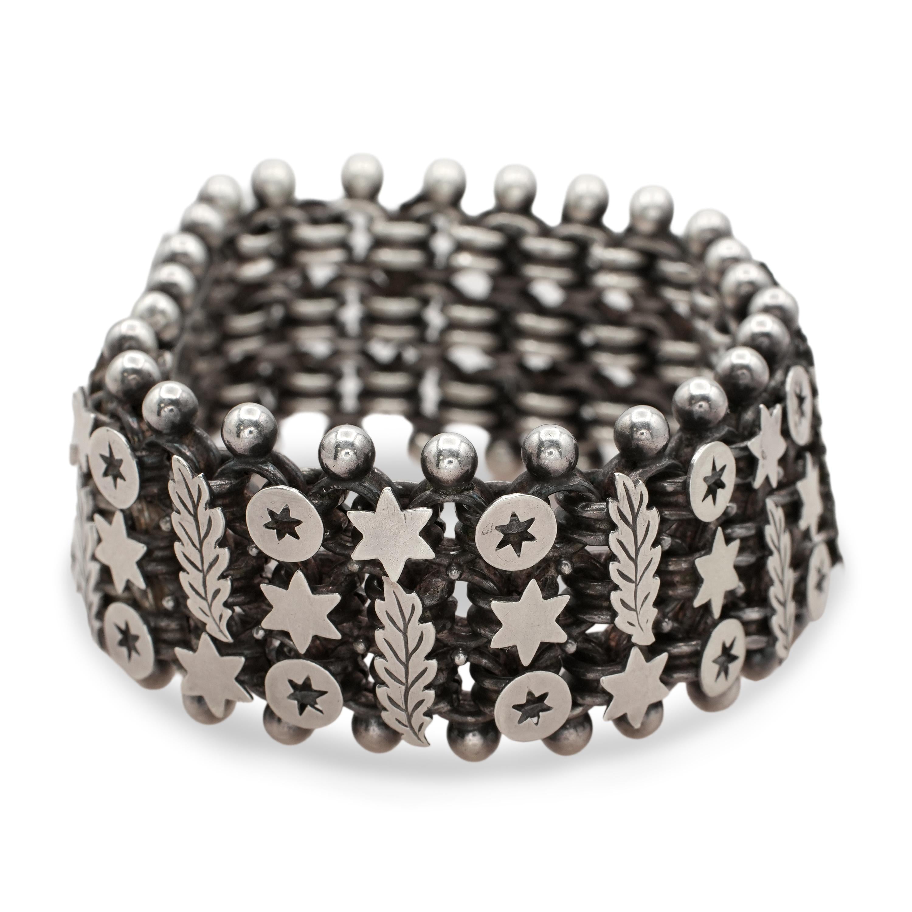 Antique Sterling Silver Star & Leaf Motif Link Bracelet