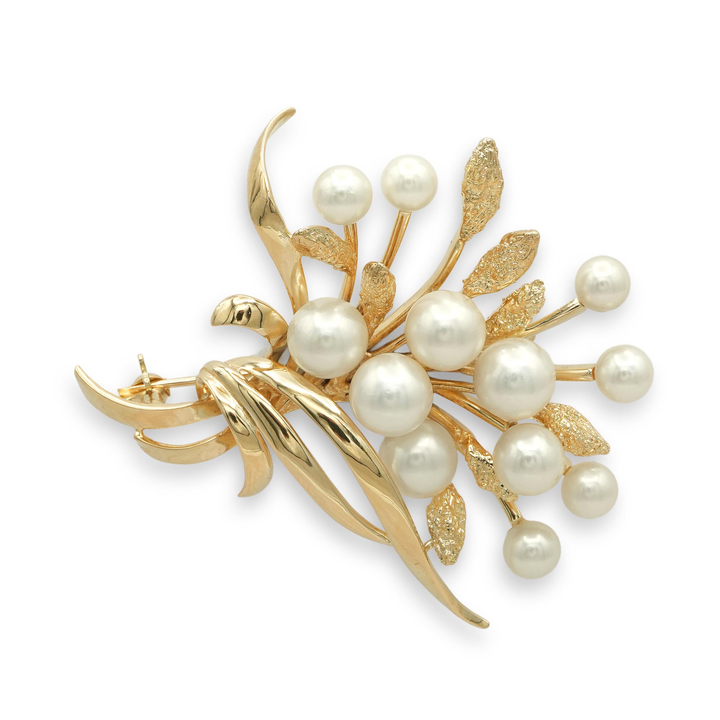 Mikimoto 14K Yellow Gold Pearl Floral Spray Brooch