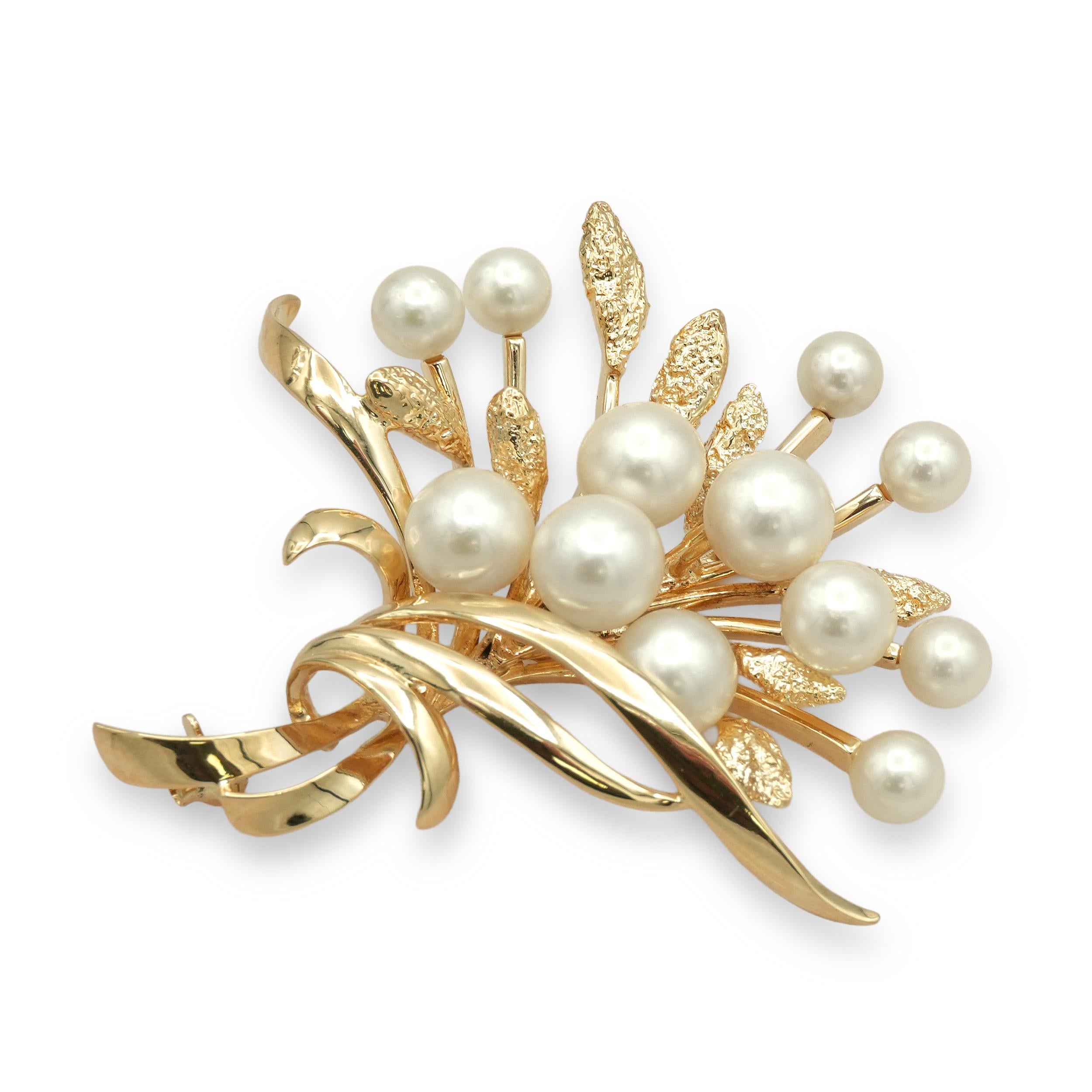 Mikimoto 14K Yellow Gold Pearl Floral Spray Brooch