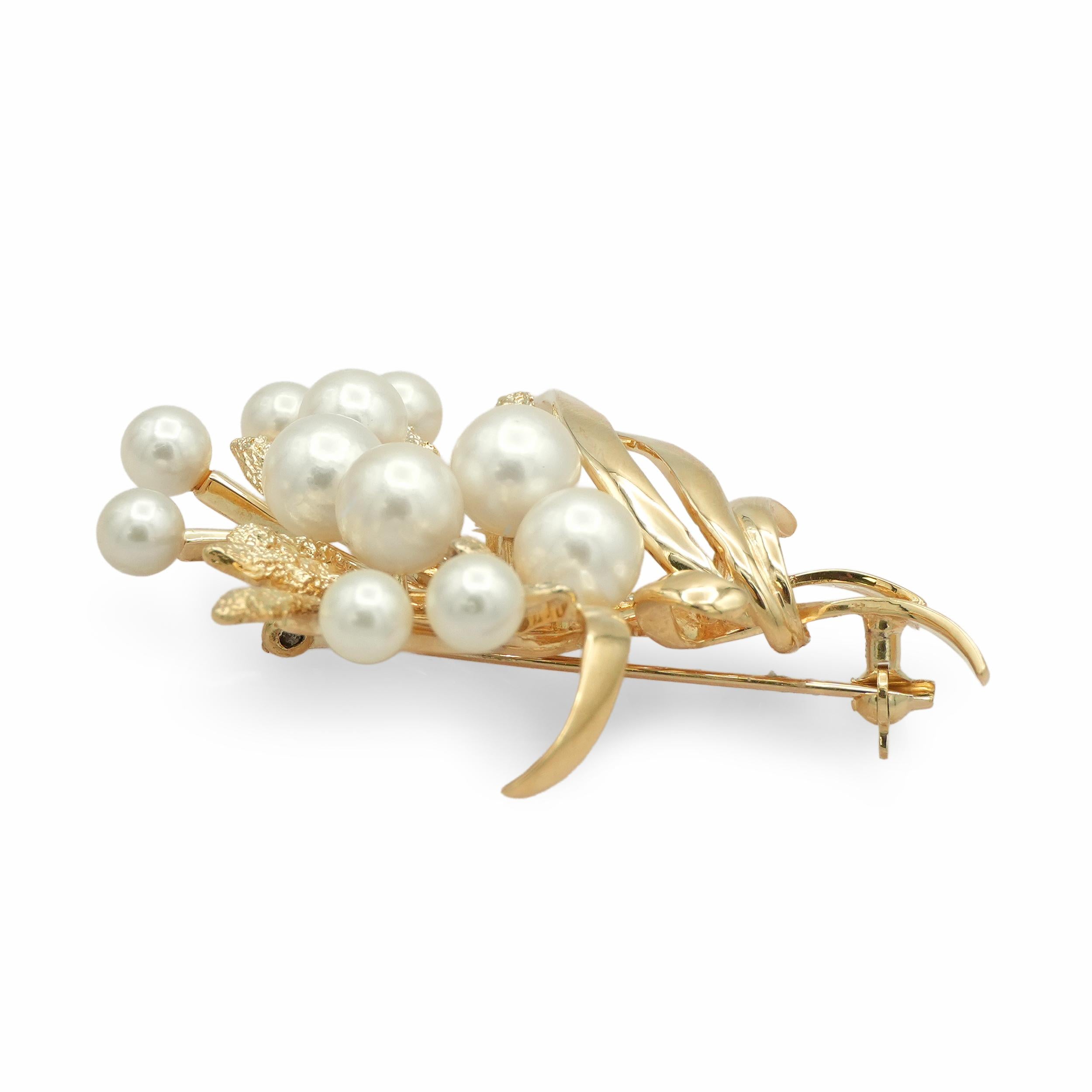 Mikimoto 14K Yellow Gold Pearl Floral Spray Brooch
