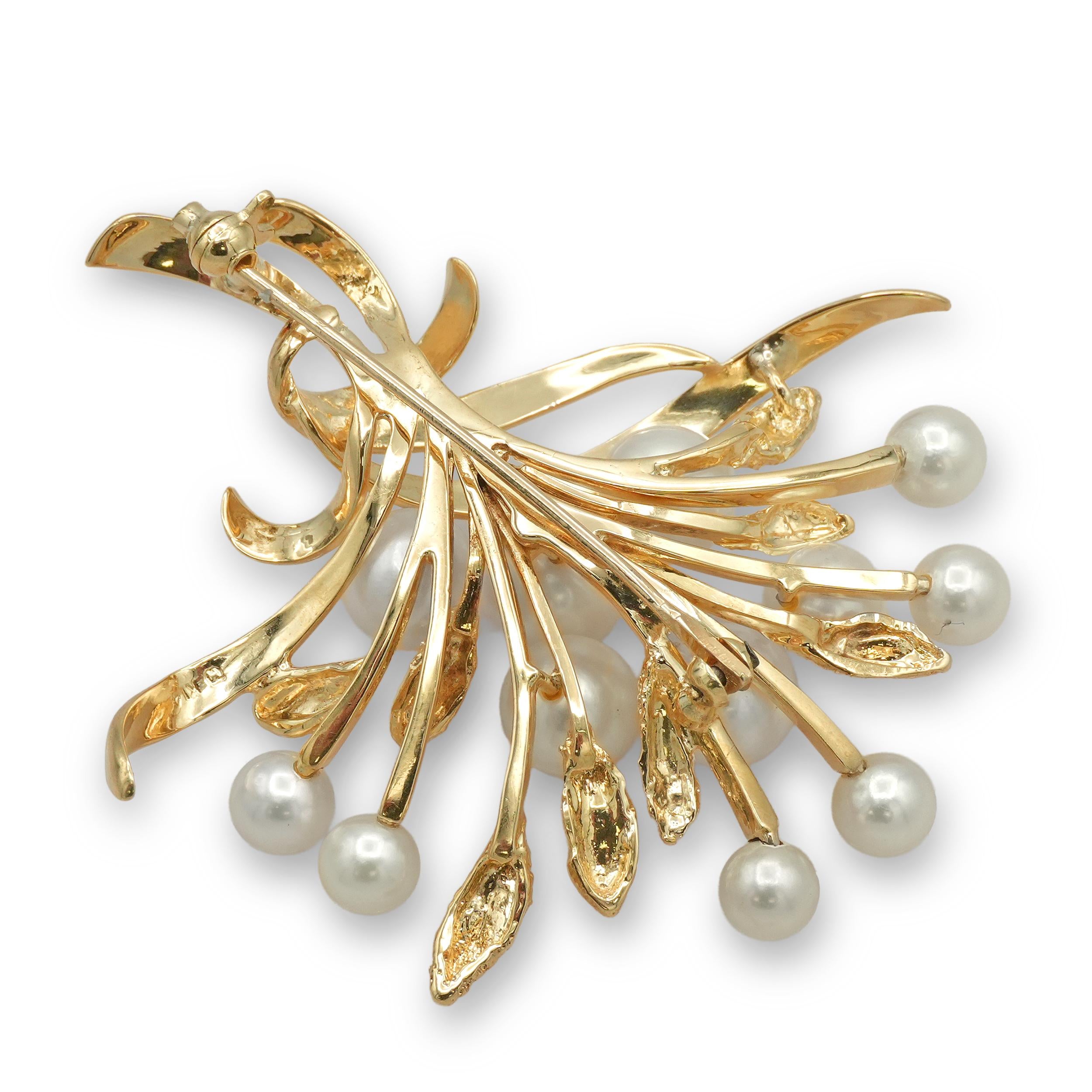 Mikimoto 14K Yellow Gold Pearl Floral Spray Brooch