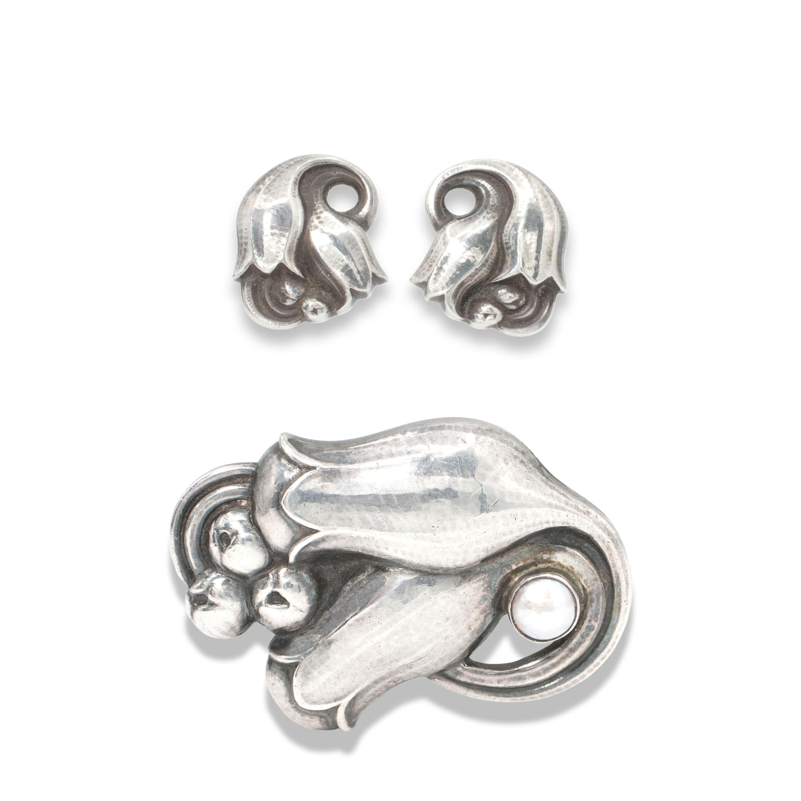 Georg Jensen Sterling Silver Pearl No. 100 Tulip Brooch & Earrings