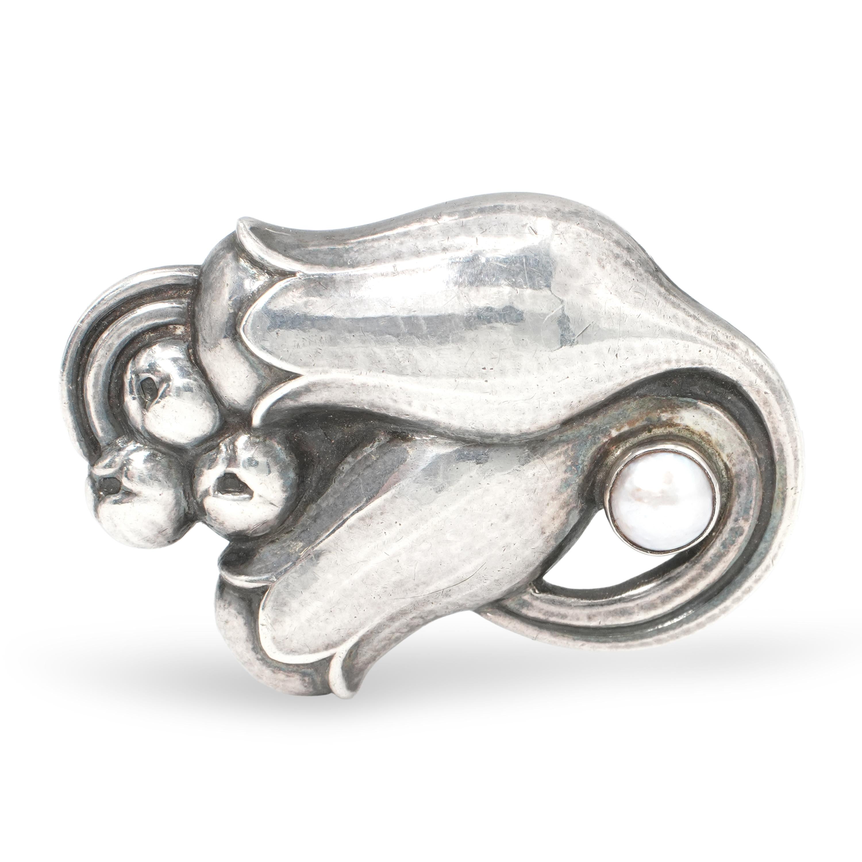 Georg Jensen Sterling Silver Pearl No. 100 Tulip Brooch & Earrings