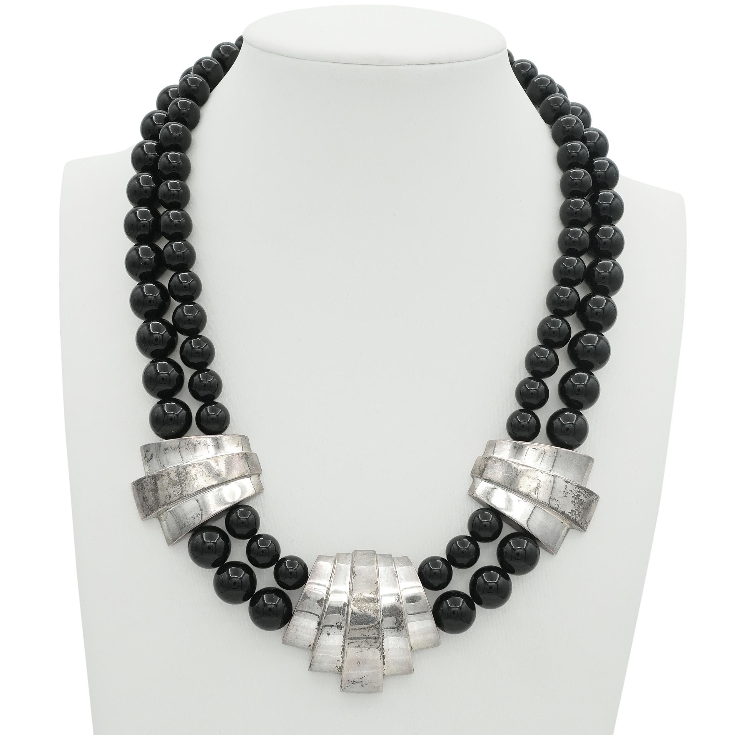 Sterling Silver Black Onyx Double-Strand Statement Necklace