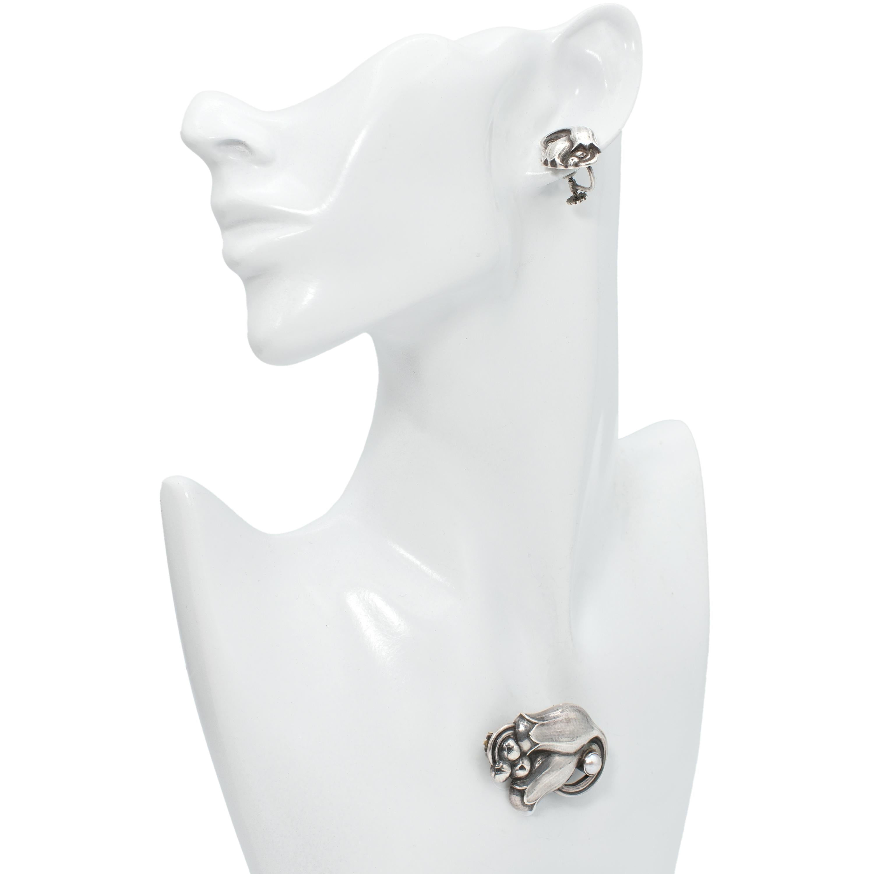 Georg Jensen Sterling Silver Pearl No. 100 Tulip Brooch & Earrings