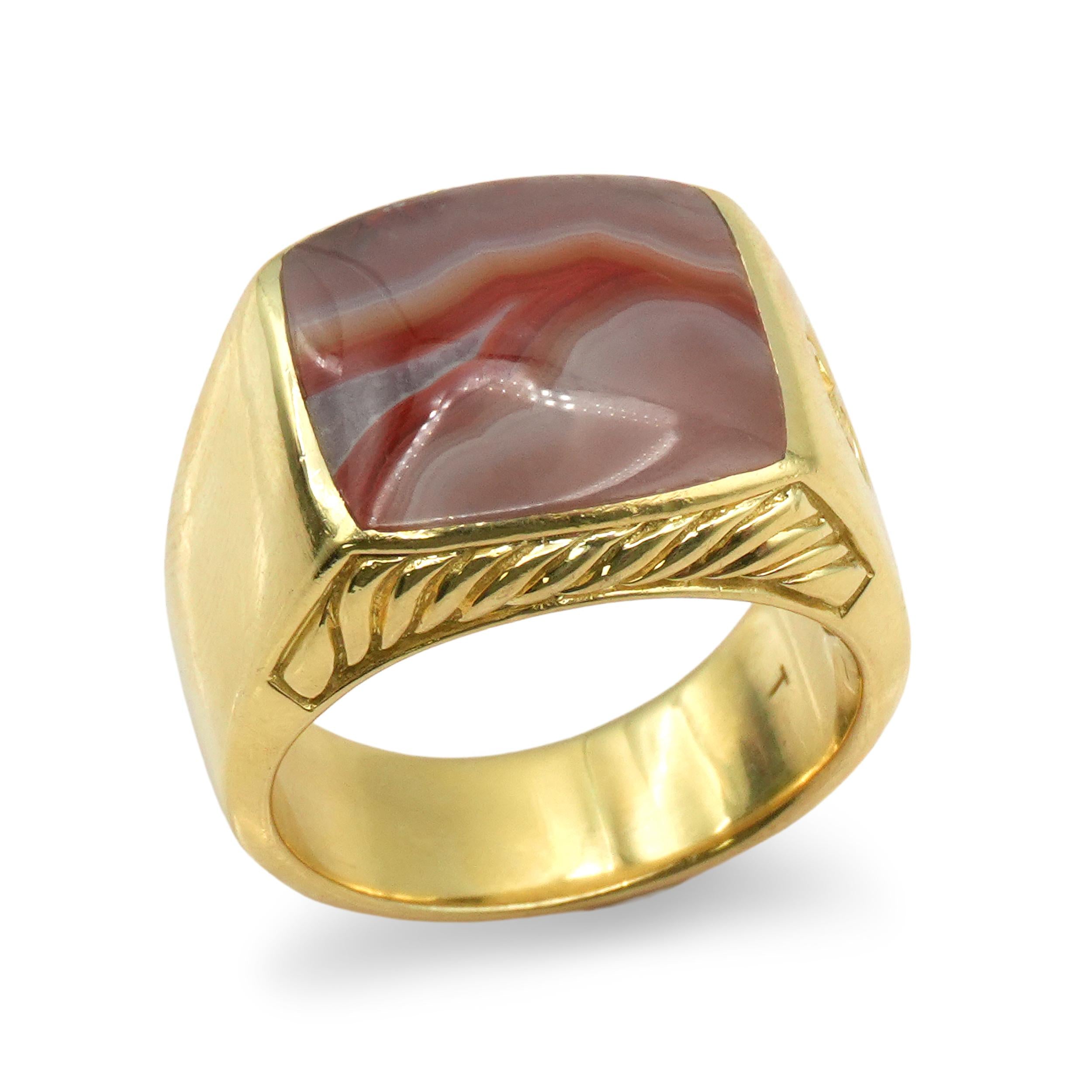 David Yurman 18K Yellow Gold Banded Agate Signet Ring