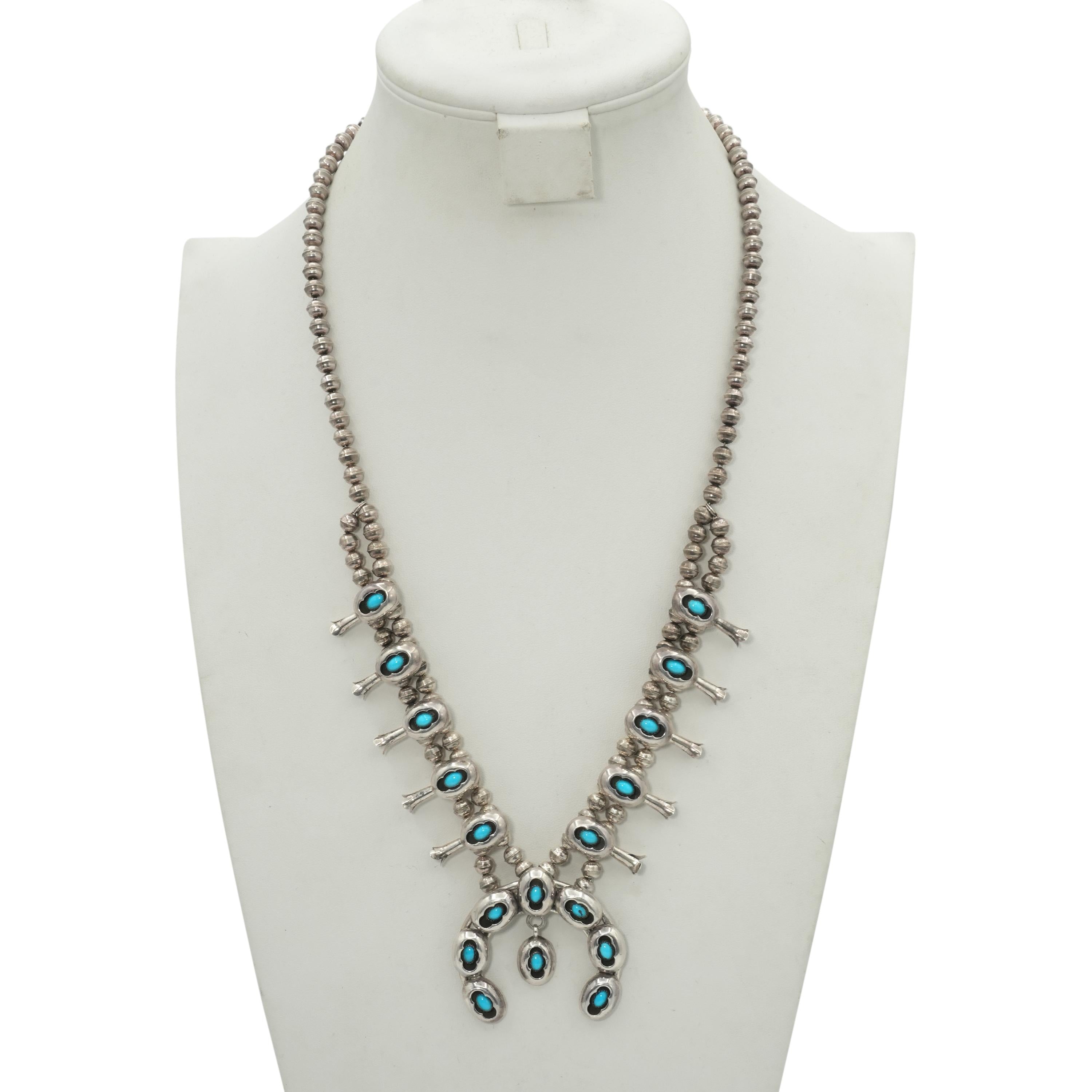 Vintage Navajo Sterling Silver Turquoise Squash Blossom Necklace