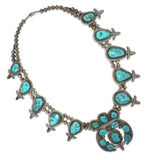 Vintage Navajo Sterling Silver Morenci Turquoise Squash Blossom Necklace
