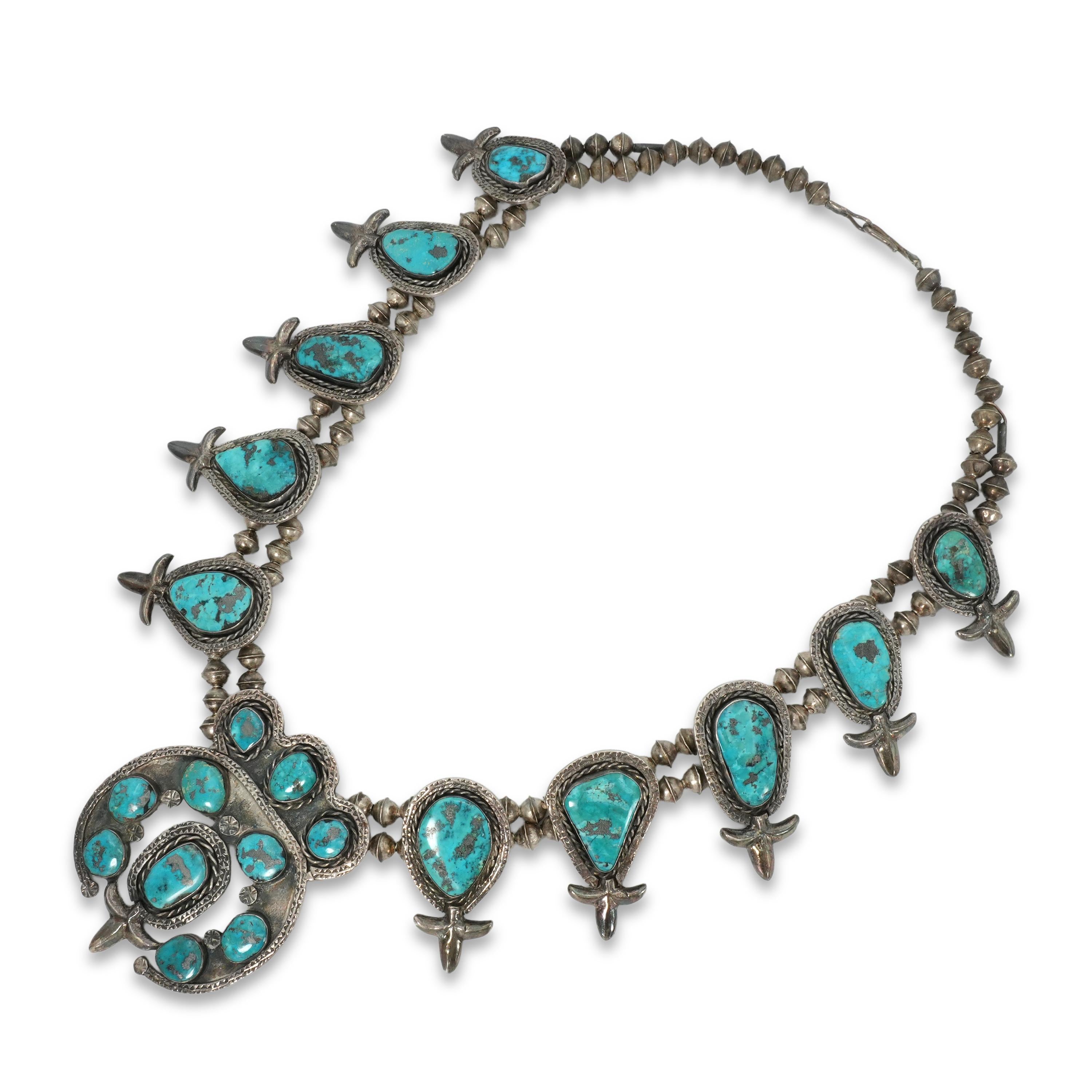 Vintage Navajo Sterling Silver Morenci Turquoise Squash Blossom Necklace