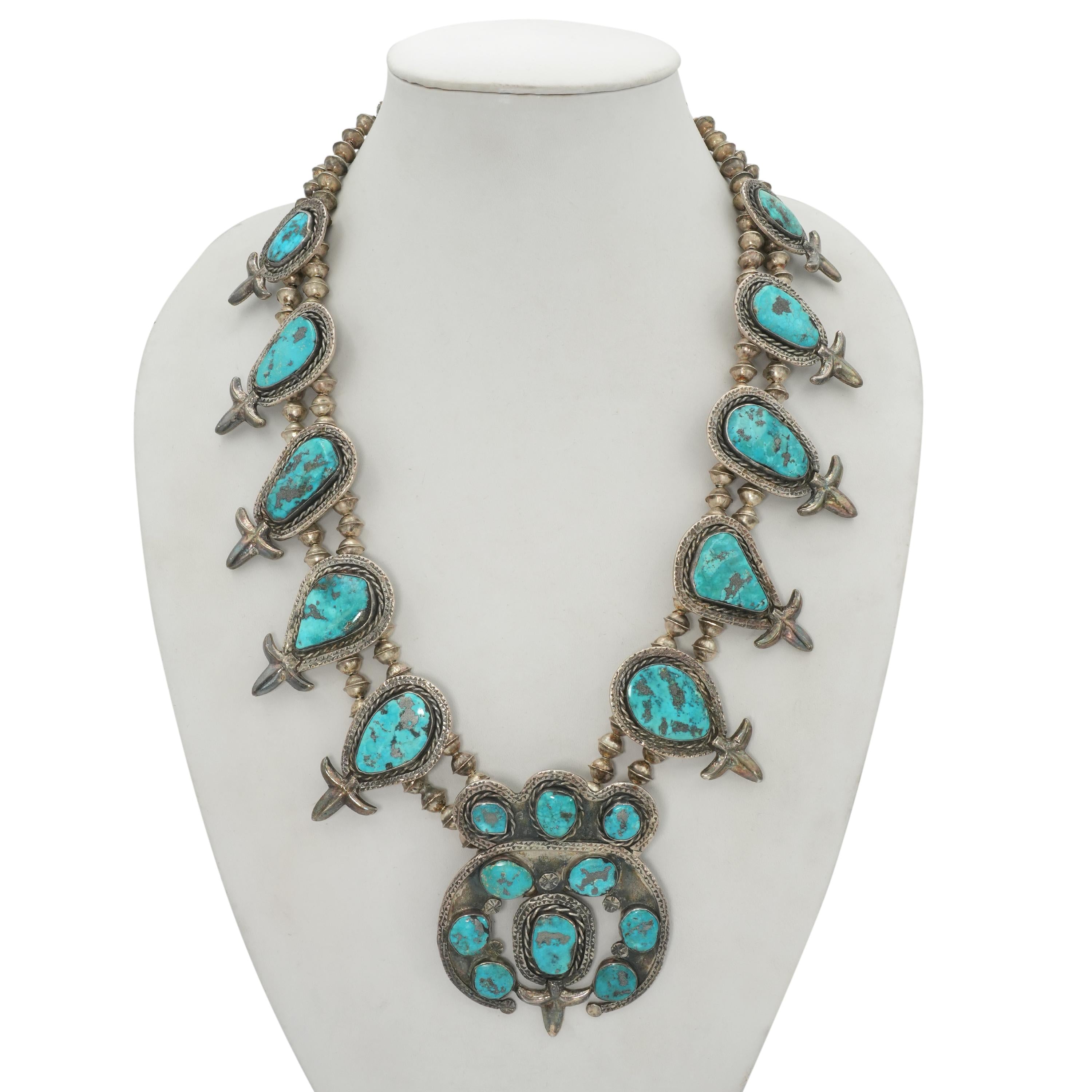 Vintage Navajo Sterling Silver Morenci Turquoise Squash Blossom Necklace