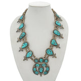 Vintage Navajo Sterling Silver Morenci Turquoise Squash Blossom Necklace