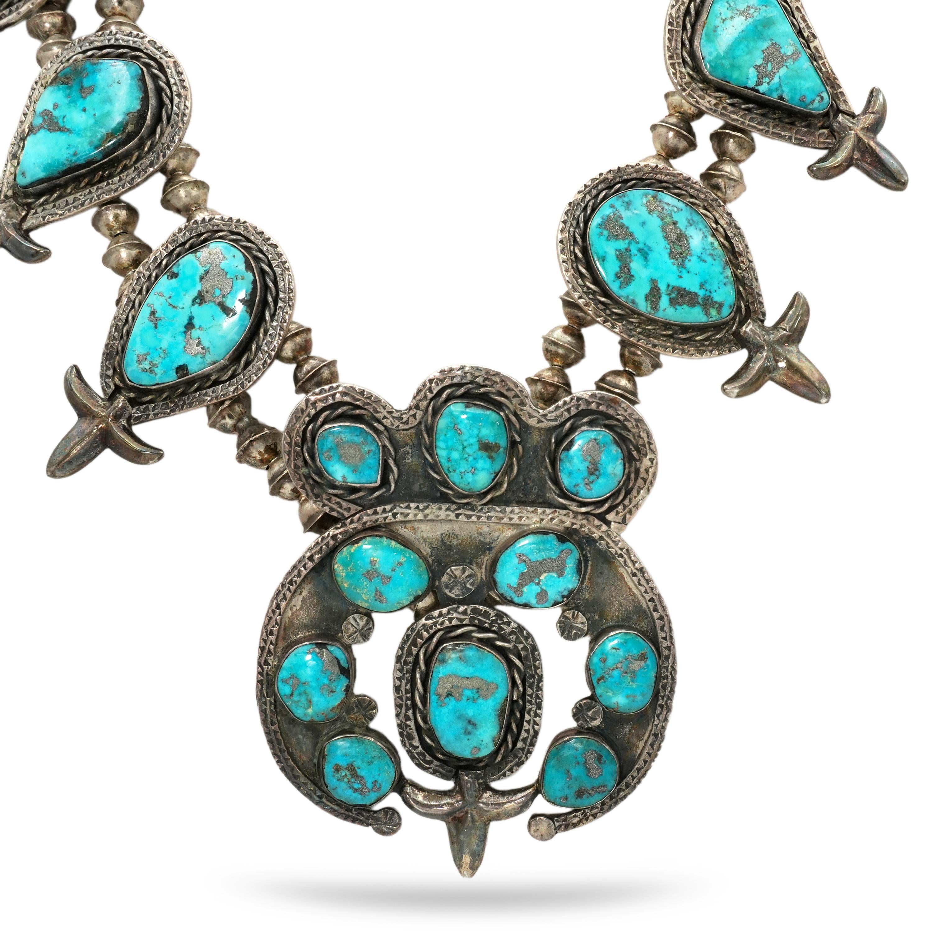 Vintage Navajo Sterling Silver Morenci Turquoise Squash Blossom Necklace