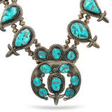 Vintage Navajo Sterling Silver Morenci Turquoise Squash Blossom Necklace