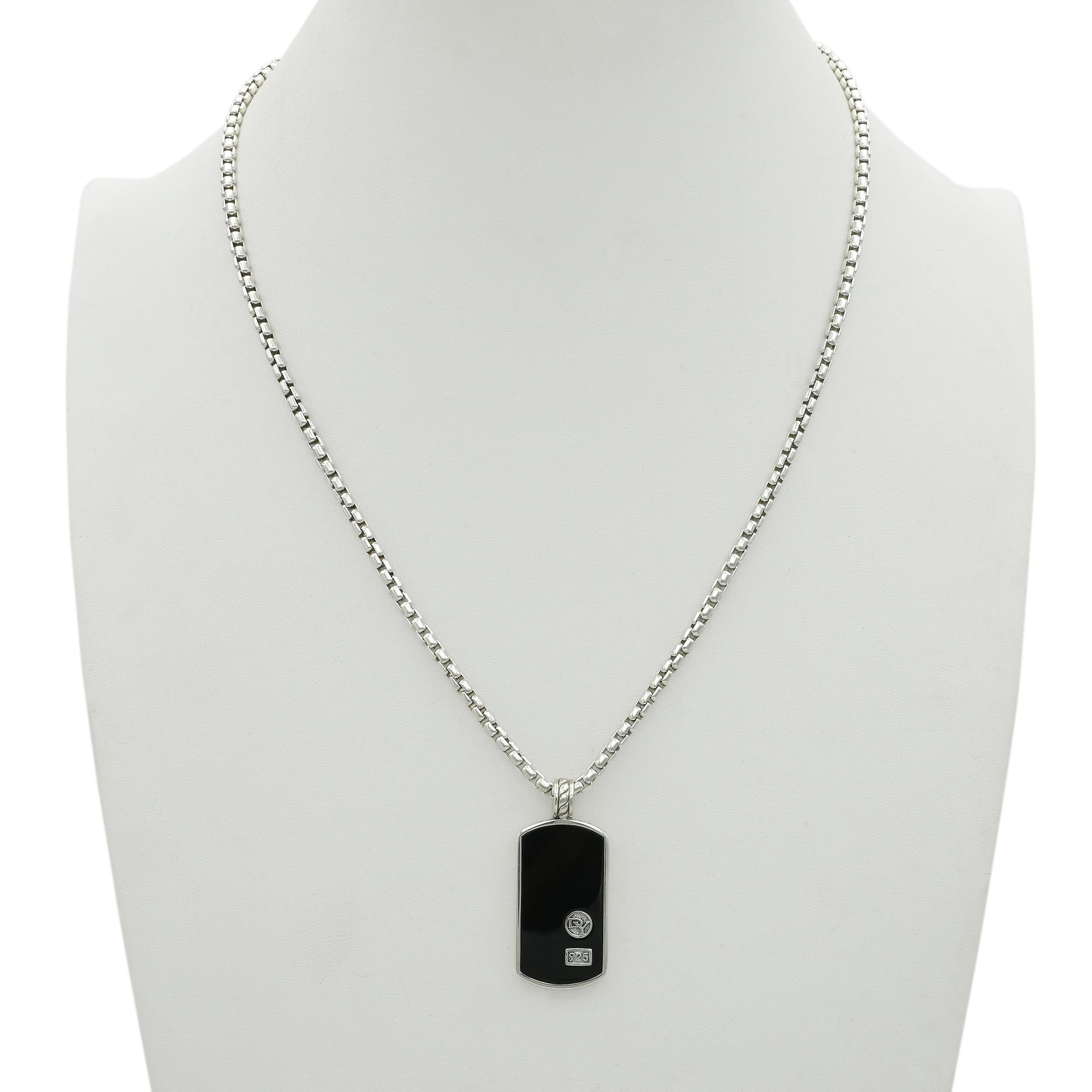 David Yurman Sterling Silver Black Onyx Dog Tag Pendant Necklace