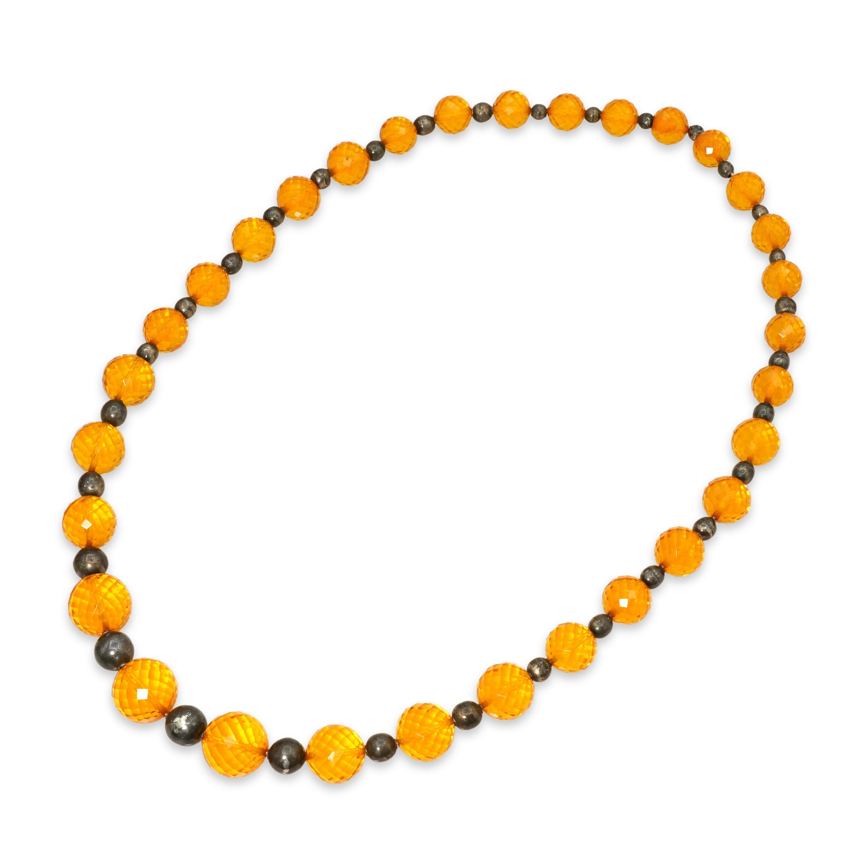 Vintage Sterling Silver Golden Orange Faceted Crystal Bead Necklace