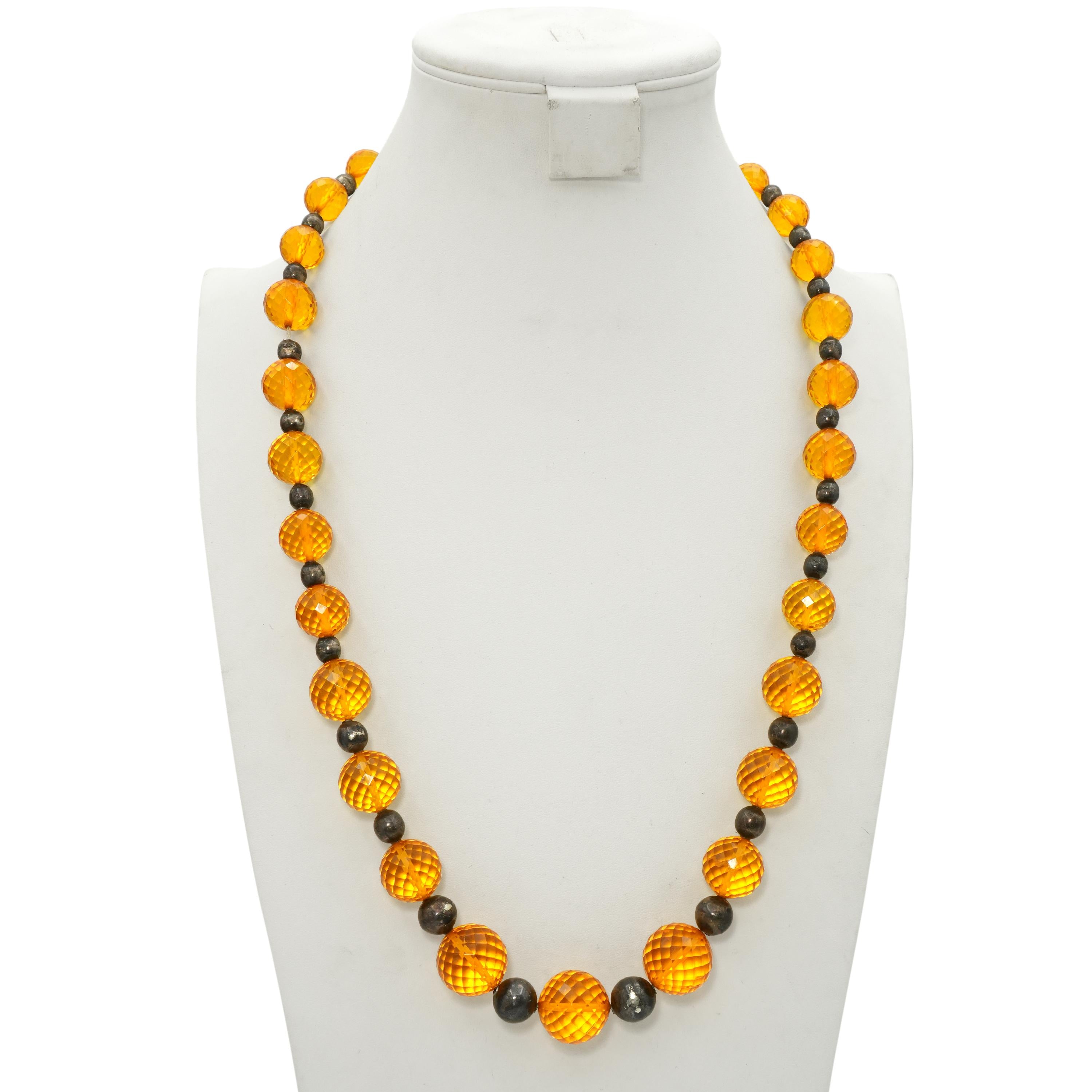 Vintage Sterling Silver Golden Orange Faceted Crystal Bead Necklace