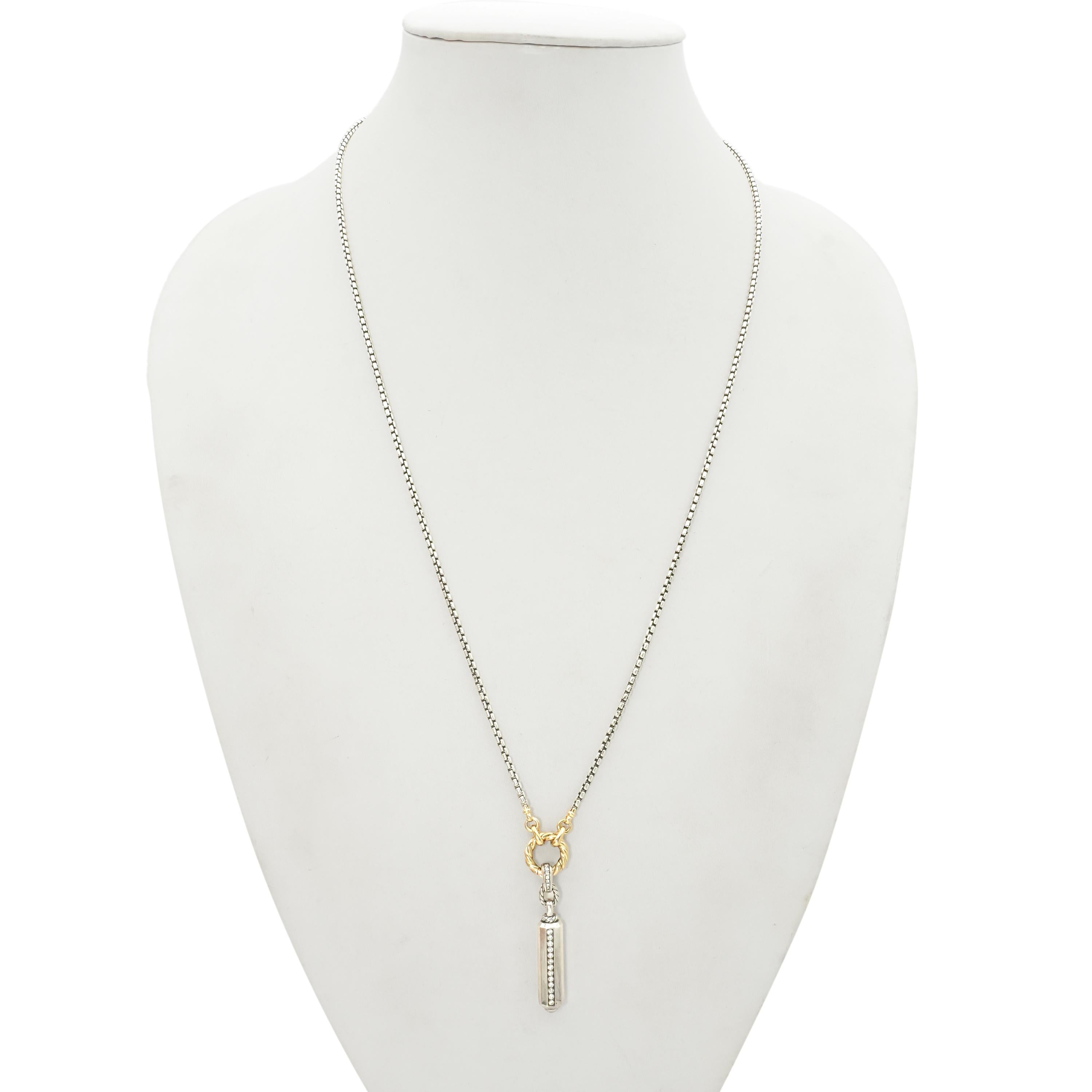David Yurman Sterling Silver & 18k Gold Pavé Diamond Barrel Pendant Necklace