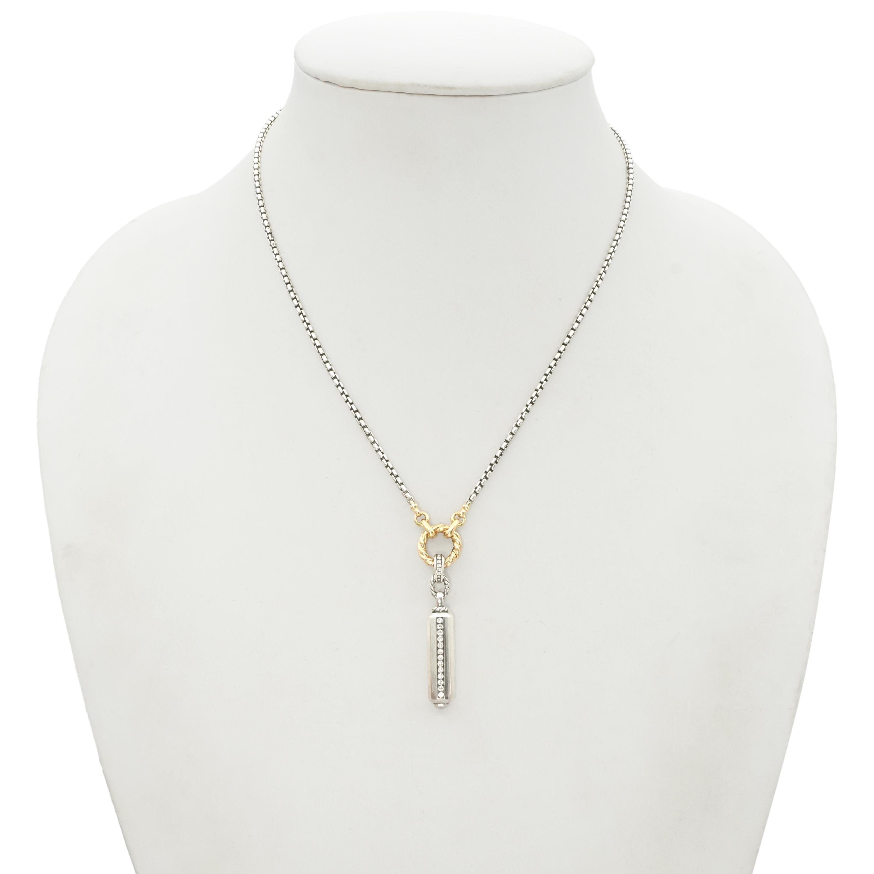 David Yurman Sterling Silver & 18k Gold Pavé Diamond Barrel Pendant Necklace