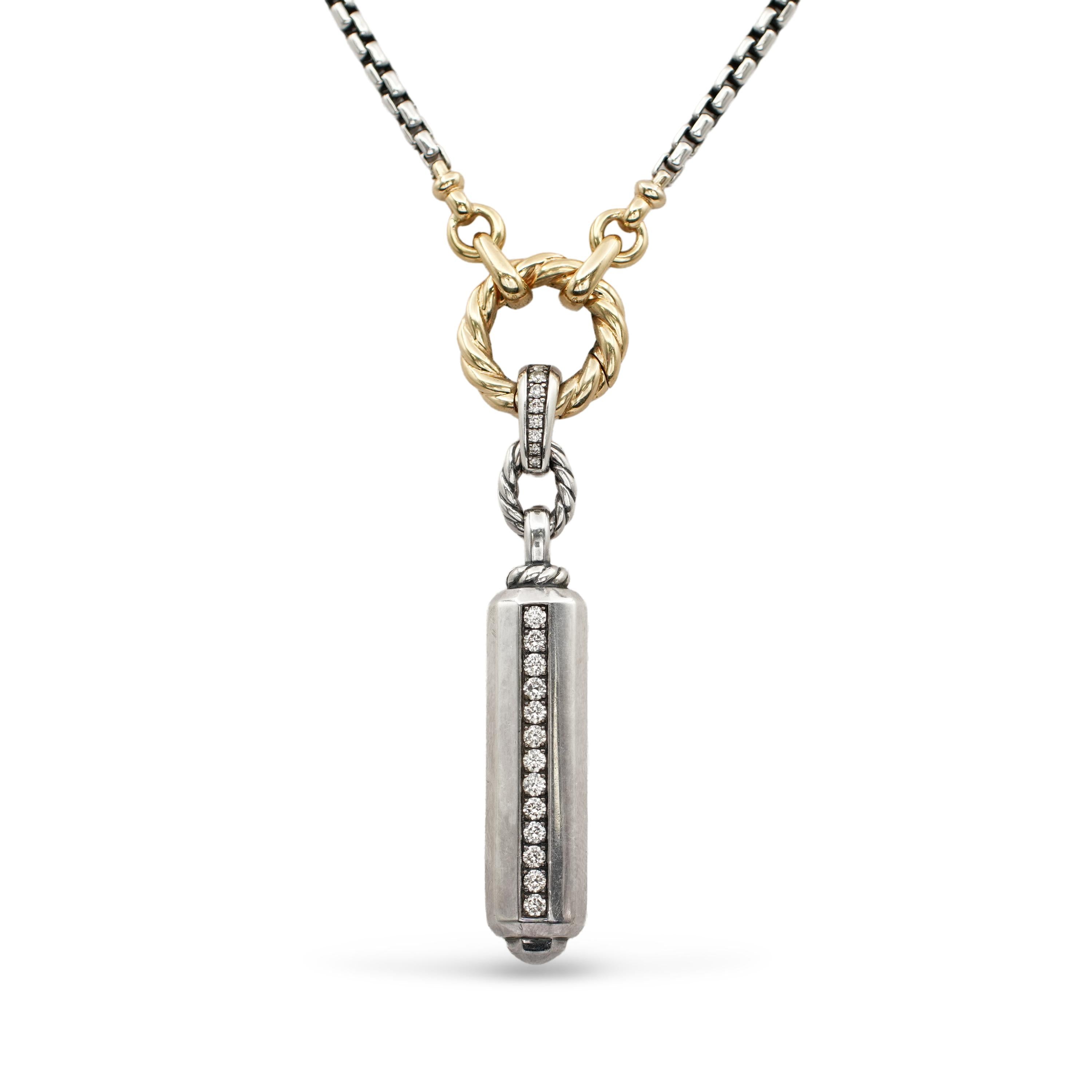 David Yurman Sterling Silver & 18k Gold Pavé Diamond Barrel Pendant Necklace