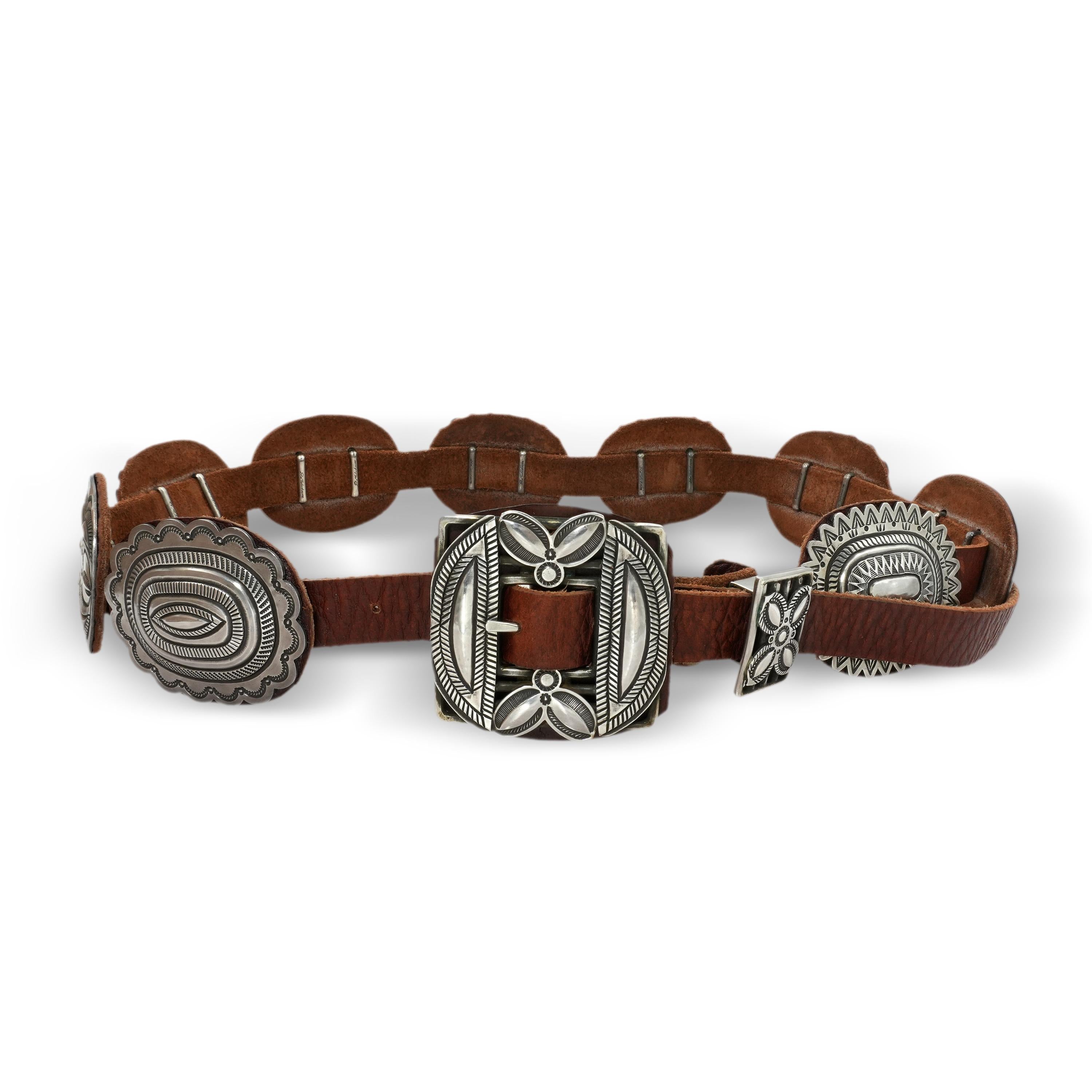 Southwestern Sterling Silver Floral & Geometric Leather Concho Belt
