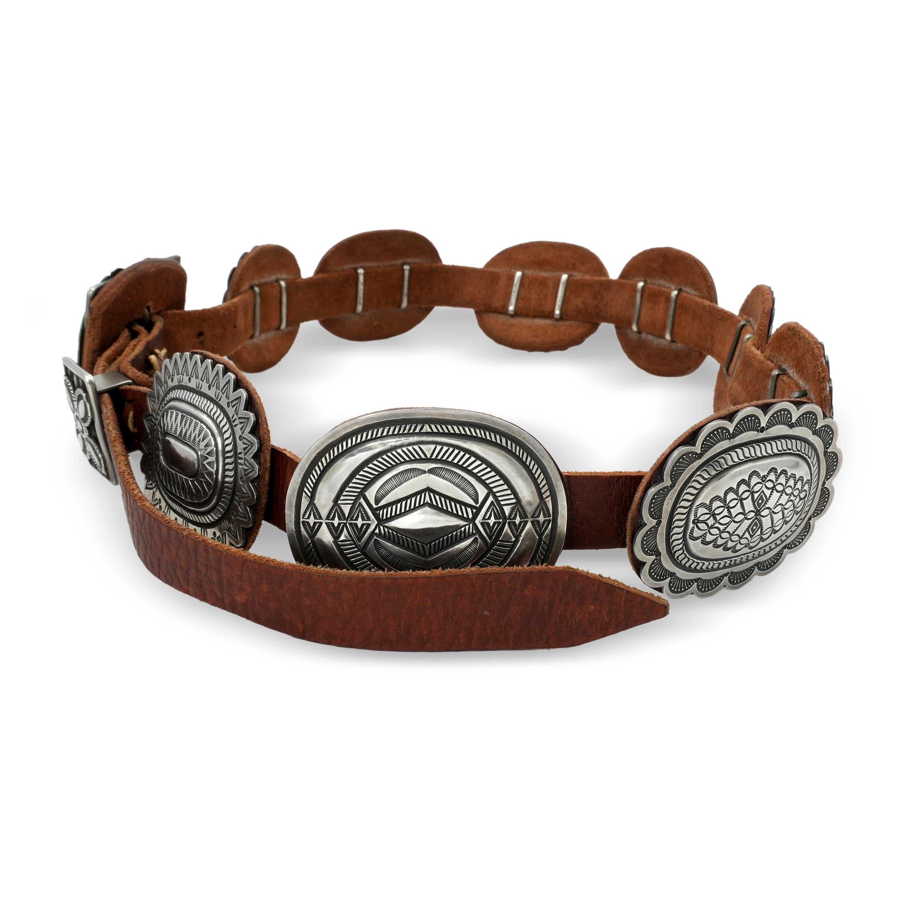 Southwestern Sterling Silver Floral & Geometric Leather Concho Belt