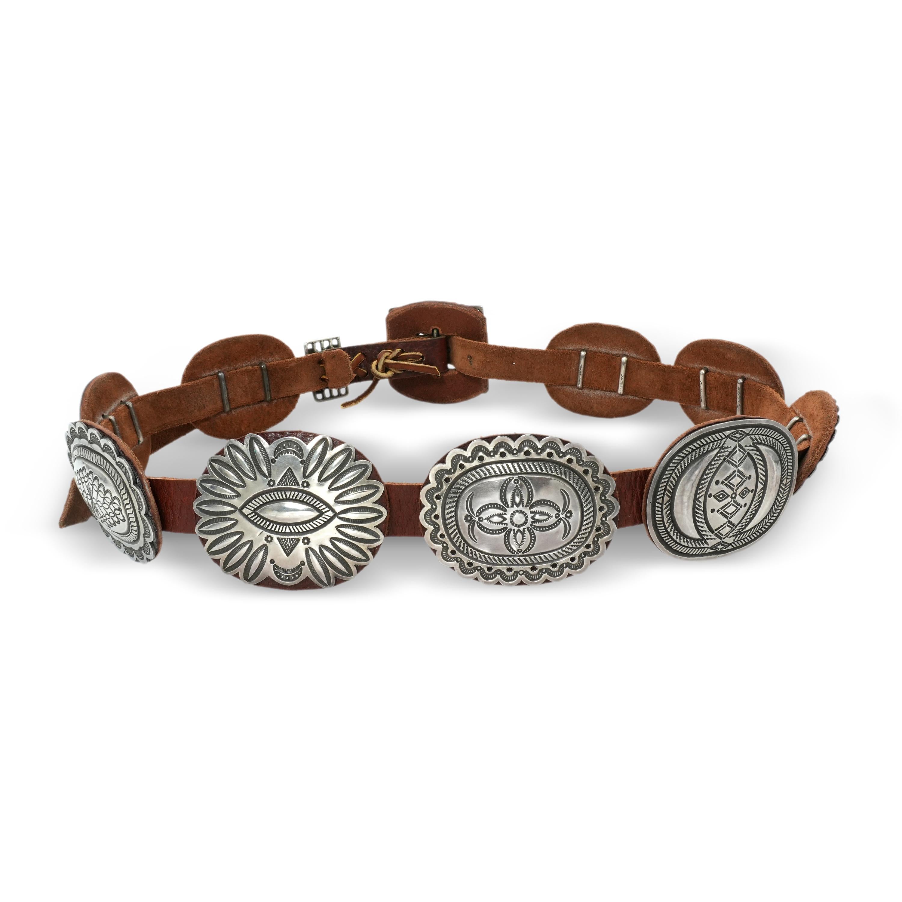 Southwestern Sterling Silver Floral & Geometric Leather Concho Belt