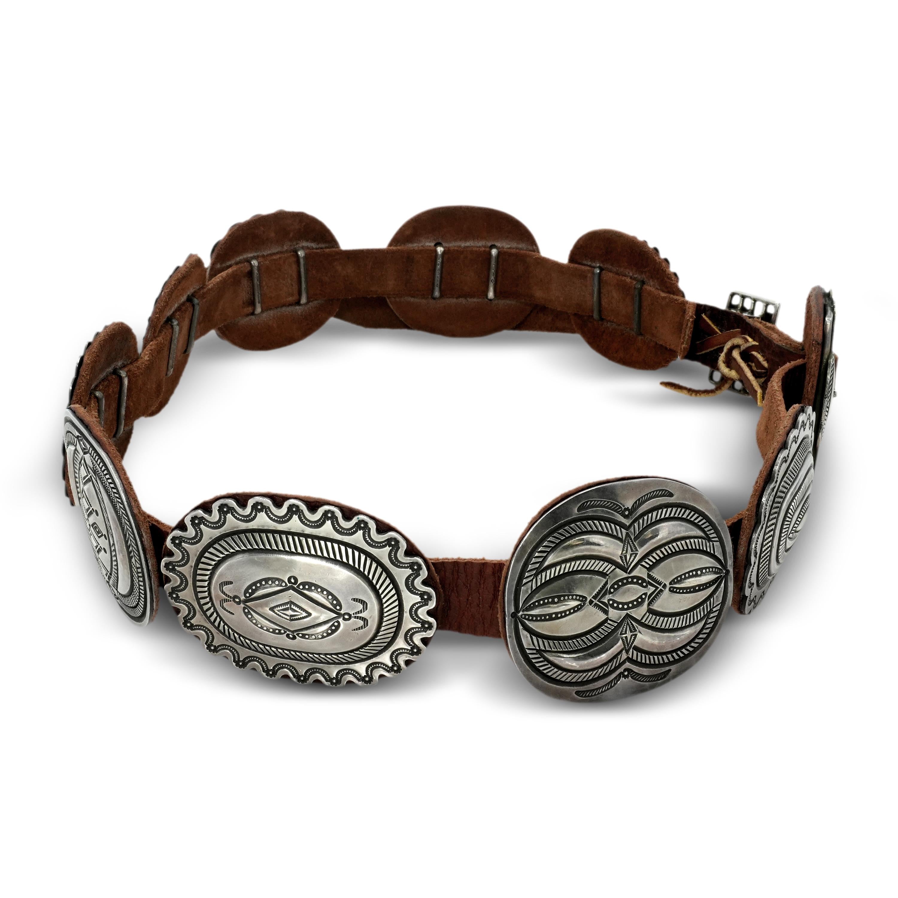 Southwestern Sterling Silver Floral & Geometric Leather Concho Belt