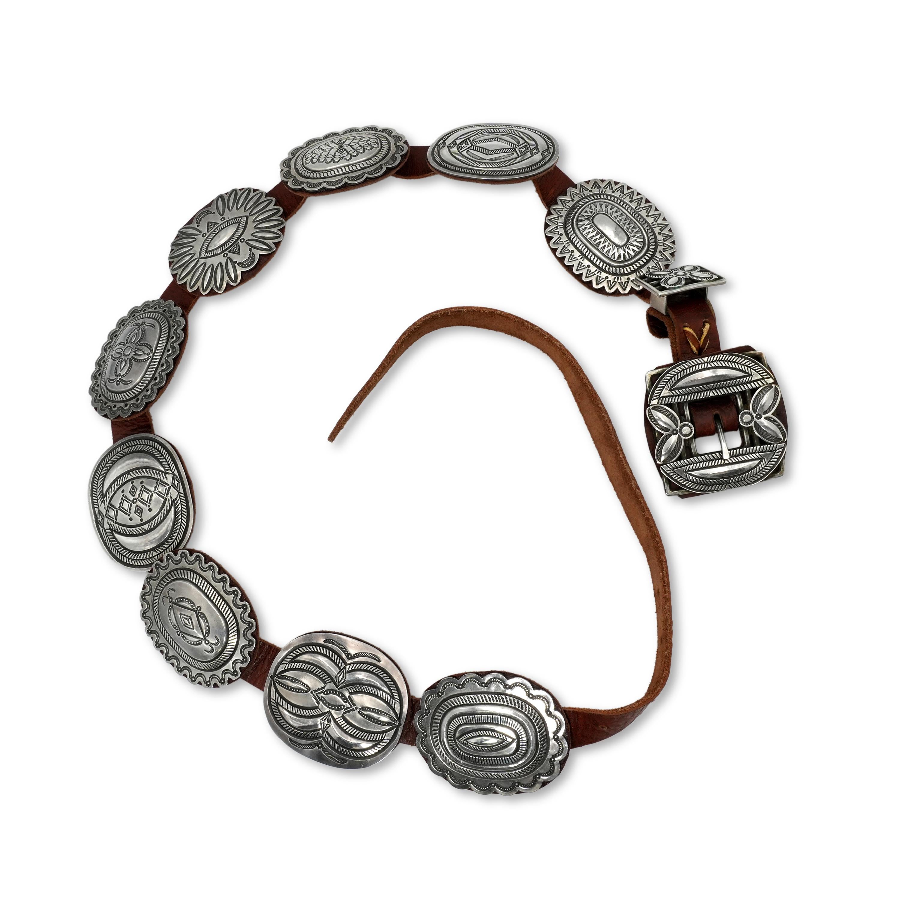 Southwestern Sterling Silver Floral & Geometric Leather Concho Belt