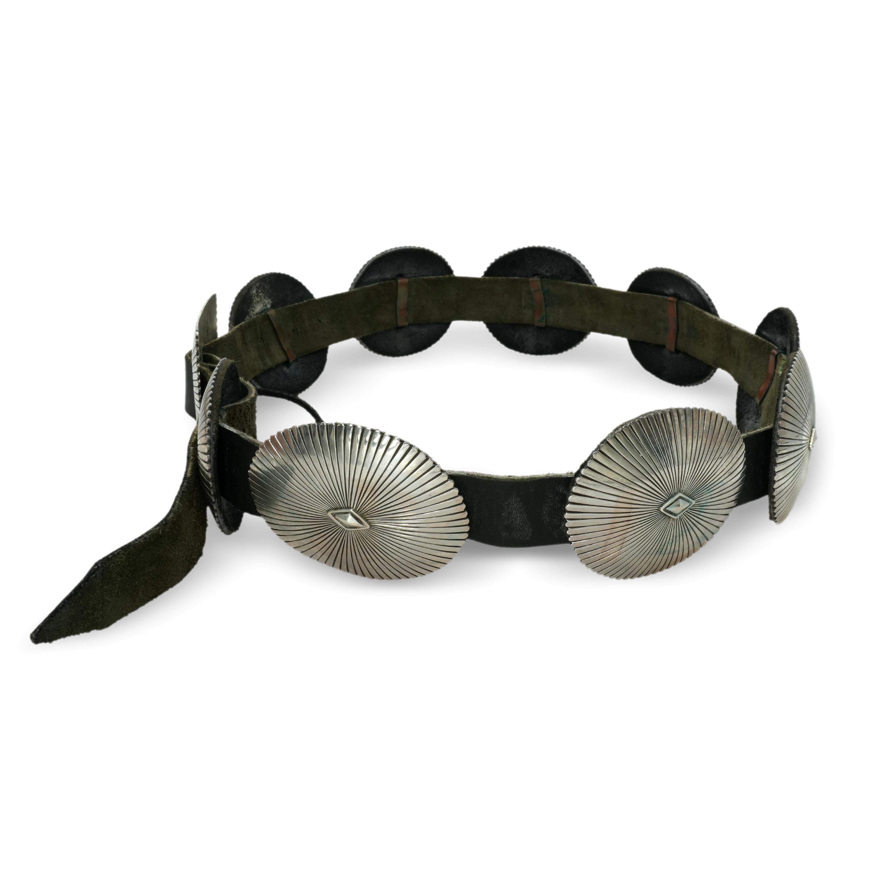 Navajo G. Begay Sterling Silver Sunburst Concho Leather Belt
