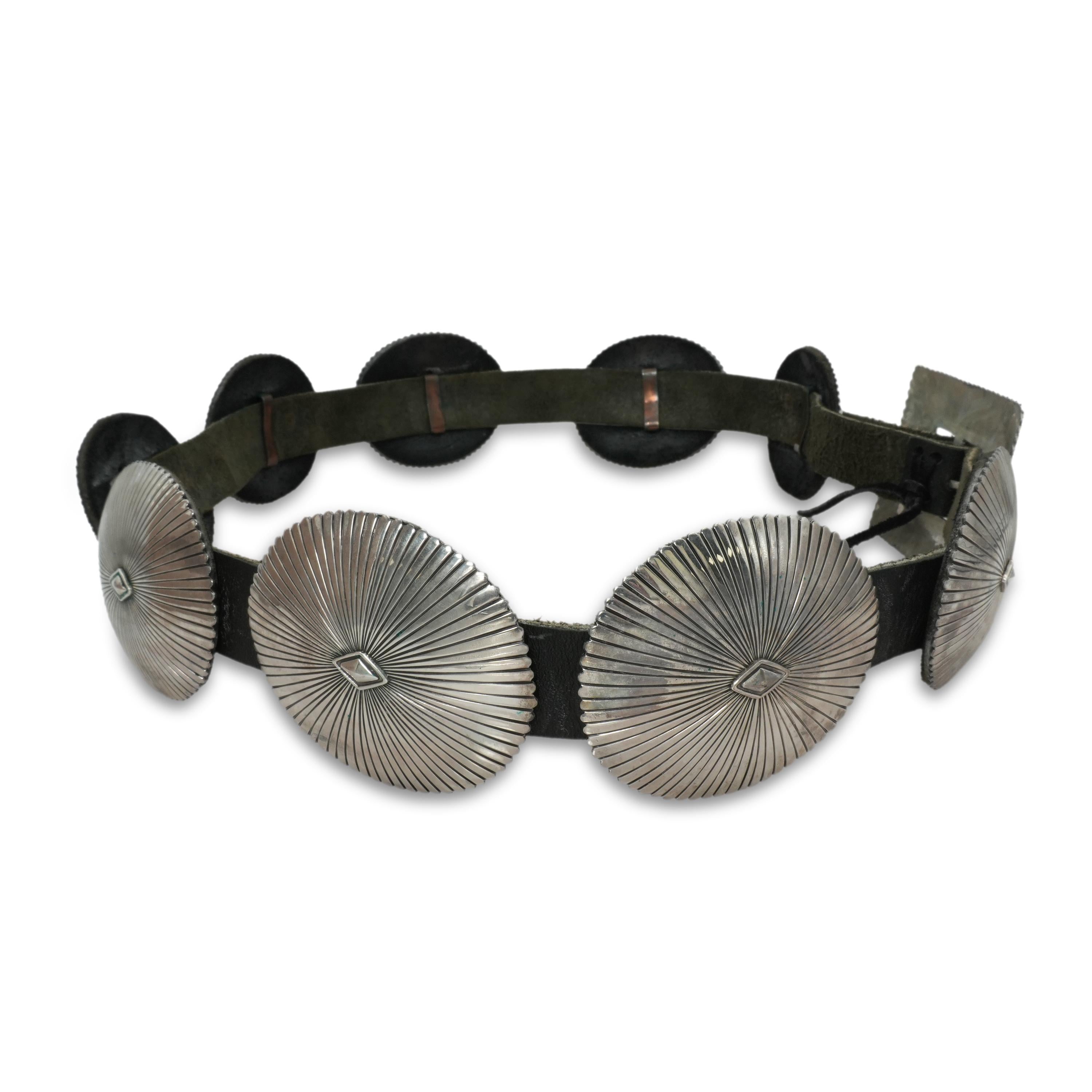 Navajo G. Begay Sterling Silver Sunburst Concho Leather Belt
