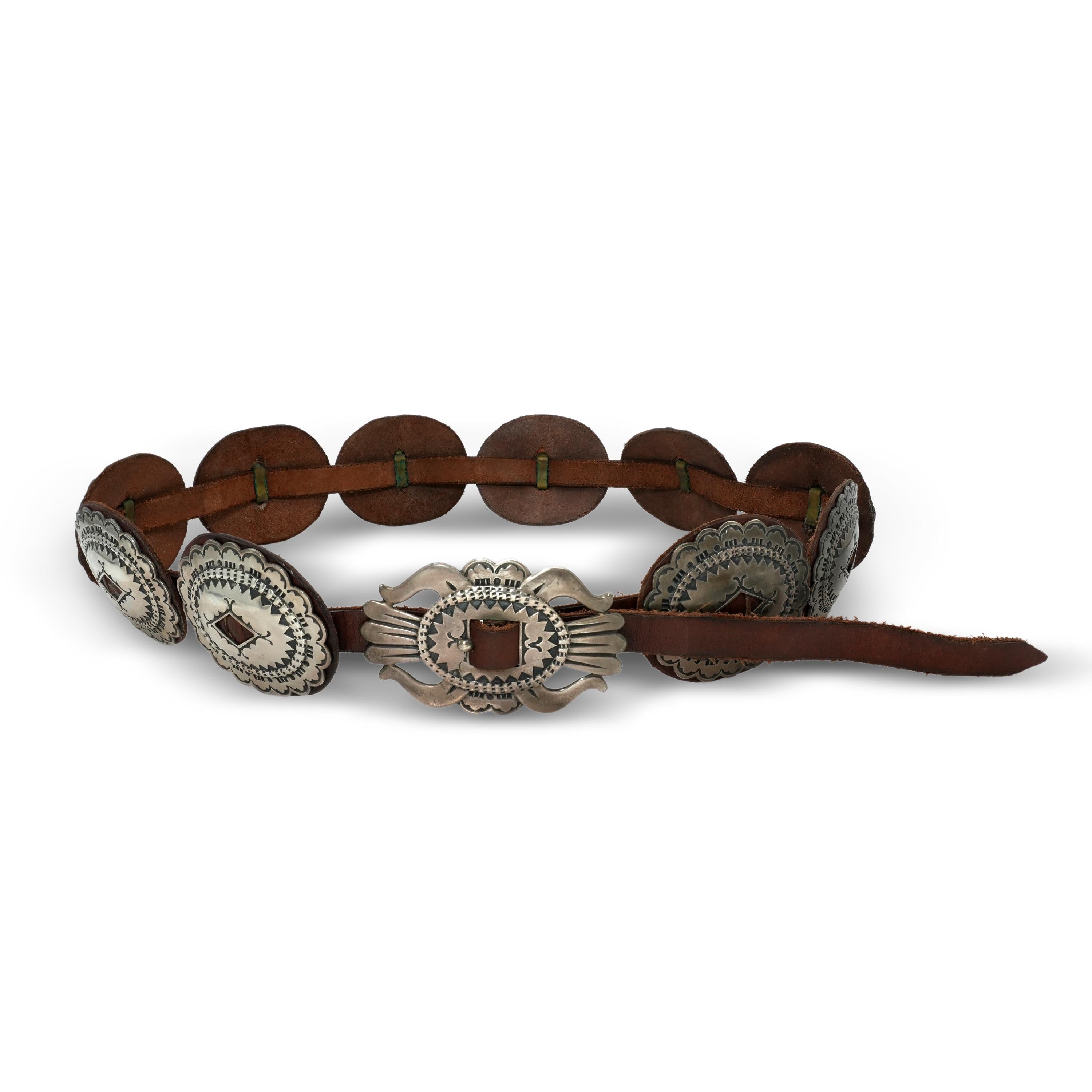 Southwestern Sterling Silver Stamped Scalloped Leather Concho Belt